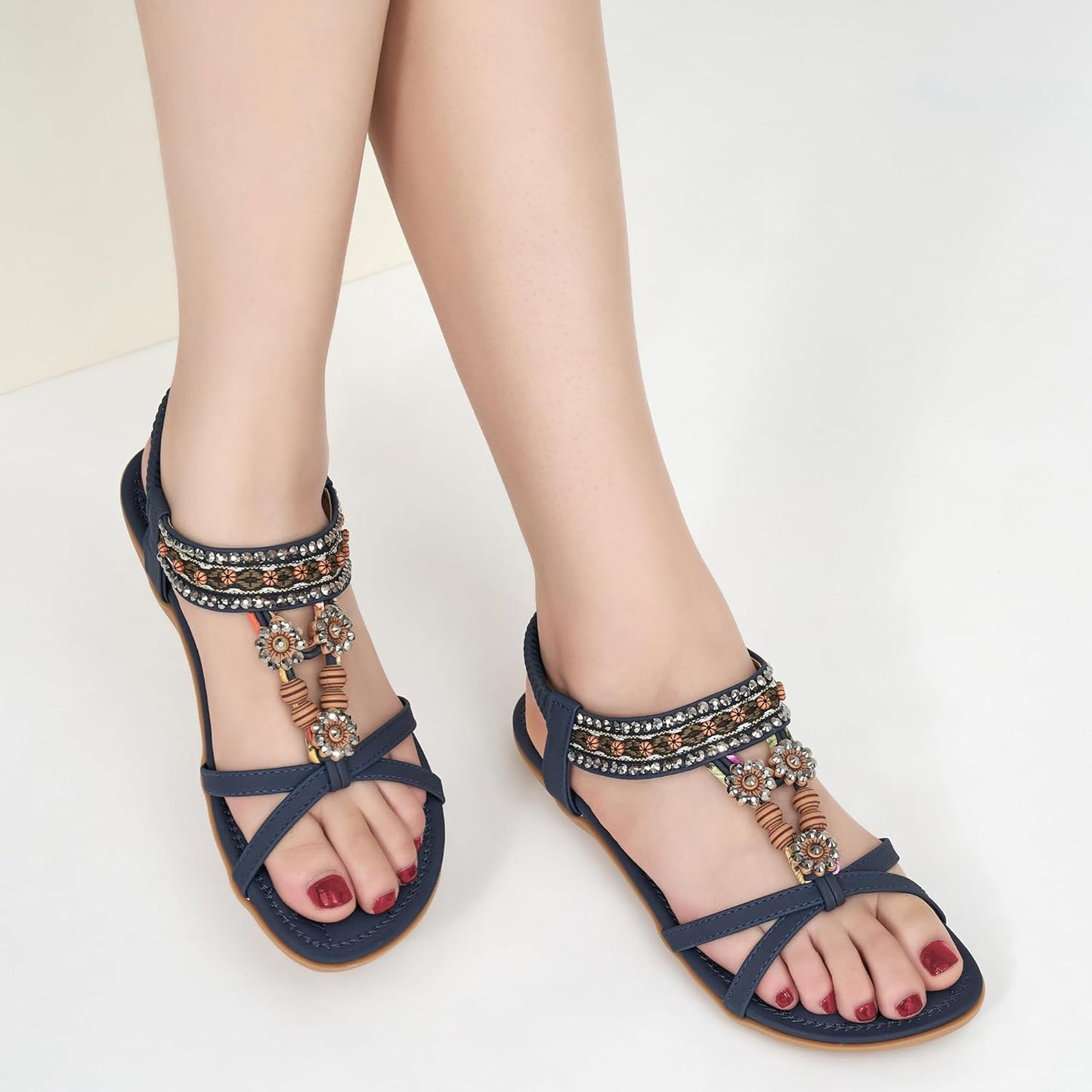 Elegante Damensandalen für den Sommer: Flache Schuhe, bequeme Bohemian-Sandalen mit elastischem Knöchelriemen, Strandsandalen für Damen