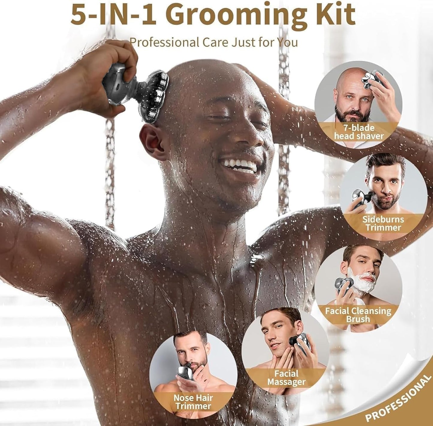 Detachable Head Shavers, SHPAVVER 5 in 1 Electric Razor IPX7 Waterproof for Bald Men, Wet Dry LED Display Rechargeable 7D Rotary Shaver Grooming Kit with Type C Charge A