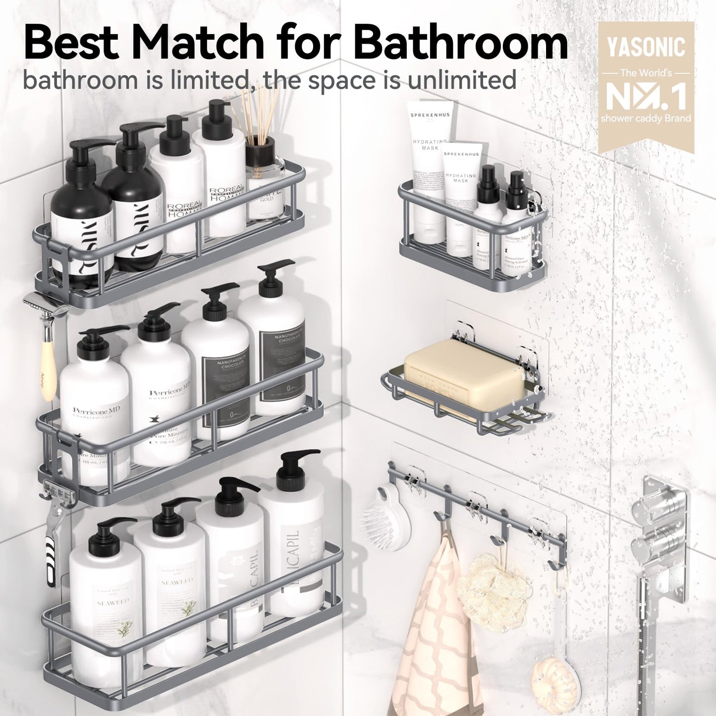 YASONIC Shower Caddy 6 Pack Rustproof shower Organizer, Large Capacity Shower Shelves for inside shower, Bathroom Organizers and Storage with Soap Holder and 12 Hooks, Adhesive Shower storage, Black