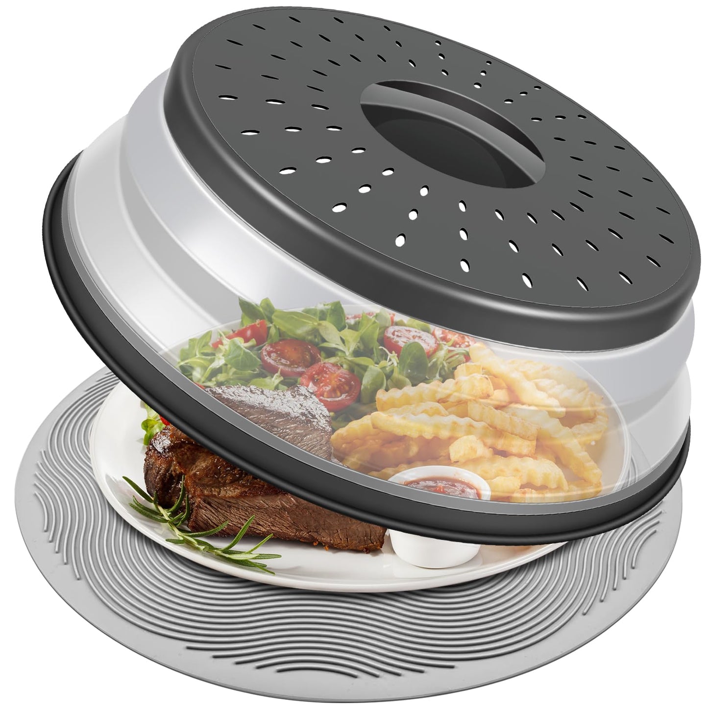 2er-Pack, LekDrok Mikrowellen-Abdeckhaube mit Matte, 12 Zoll, Matte als Schüsselhalter, Abdeckung als Spritzschutz, zusammenklappbarer Deckel für Teller, Mehrzweck-Silikonmatte und Küchensieb-Gadget für die Essenszubereitung, Anthrazit
