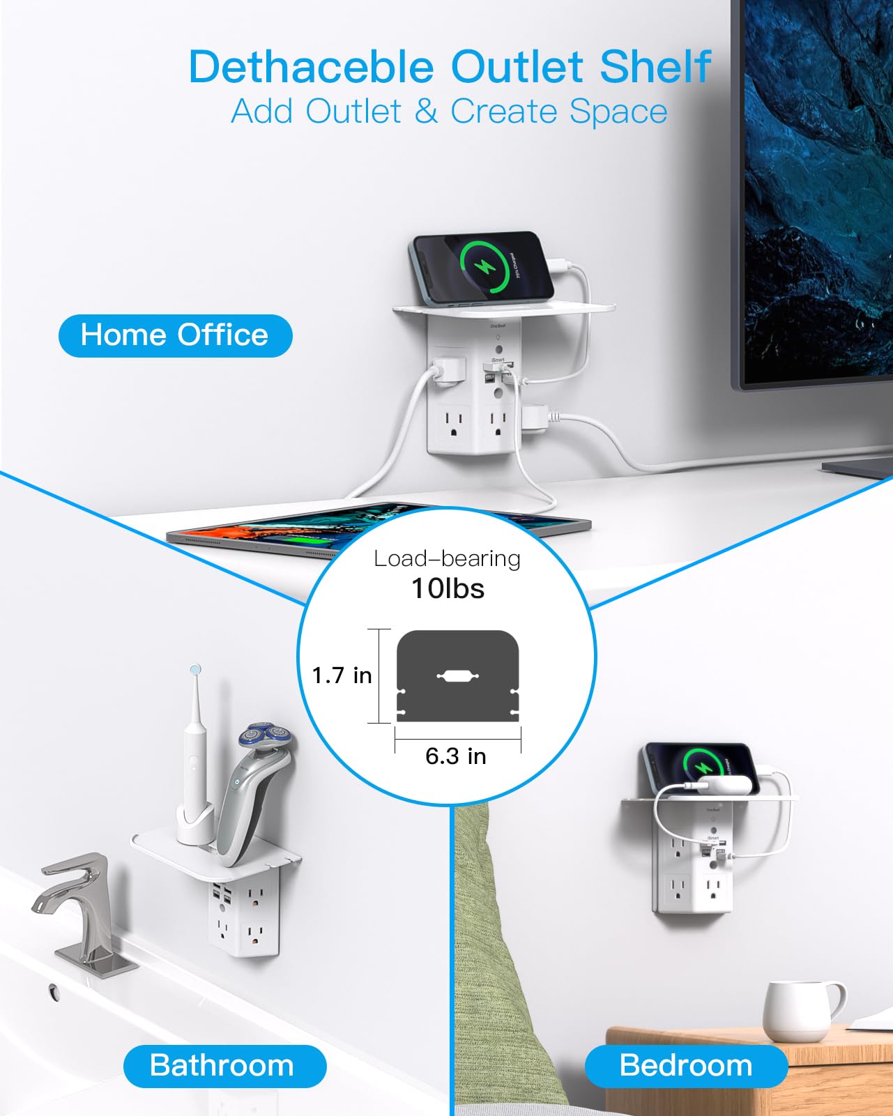 Mehrfachsteckdosen, Wandsteckdosenverlängerung mit Nachtlicht und Steckdosenablage, Überspannungsschutz 4 USB-Anschlüsse (2 USB C), USB-Wandladegerät, Steckdosenleiste, Steckdosenverteiler für das Homeoffice