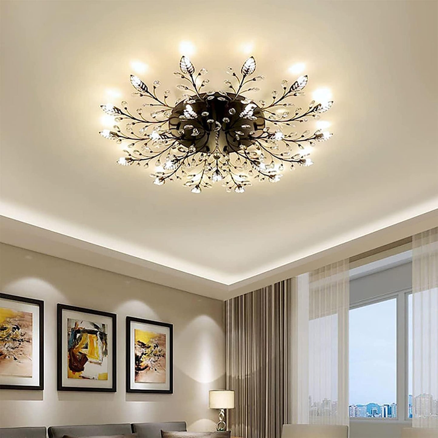 Moderne Deckenleuchte aus Kristall, halbbündiger Kronleuchter, Deckenleuchte aus Kristallblättern, Kronleuchter für Esszimmer, Wohnzimmer, Schlafzimmer (Gold, 12 Lichter)