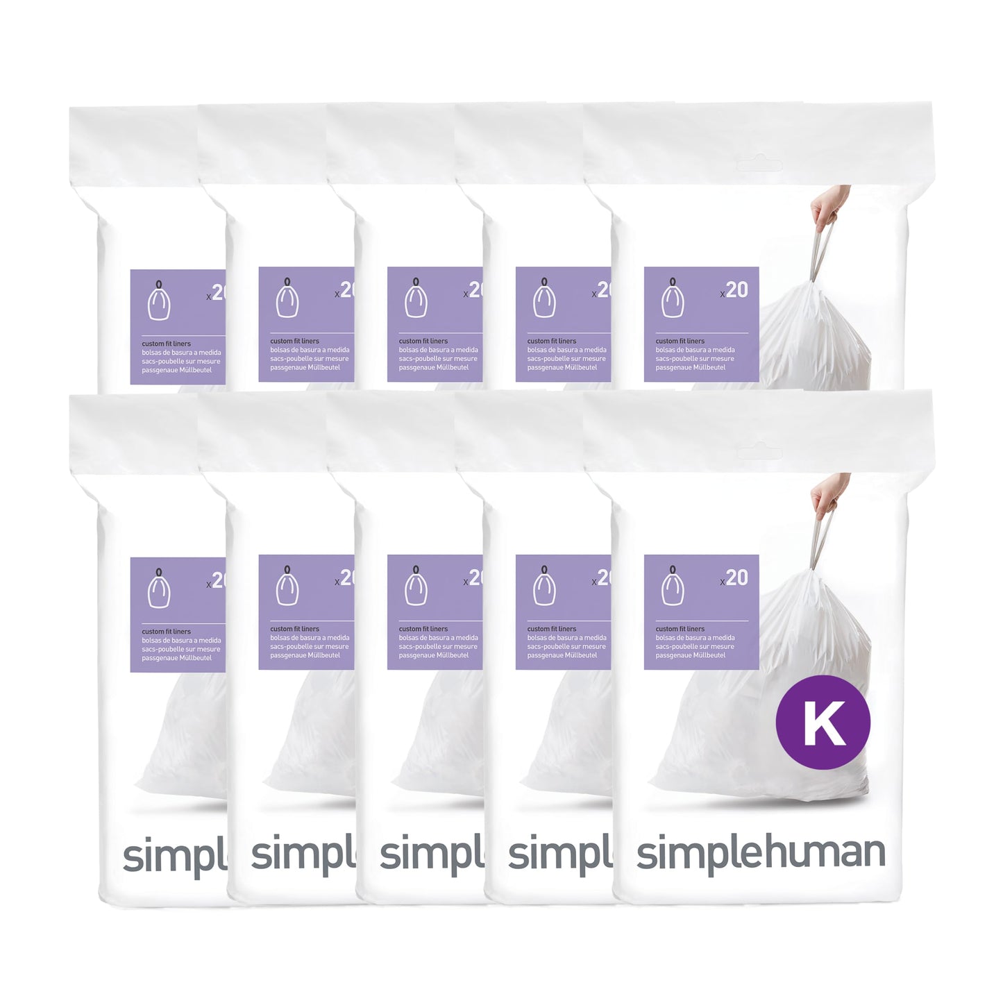 simplehuman Code H 60 Count, Genuine Custom Fit Liners, Drawstring Trash Bags in Dispenser Packs, 30-35 Liter / 8-9.2 Gallon, White