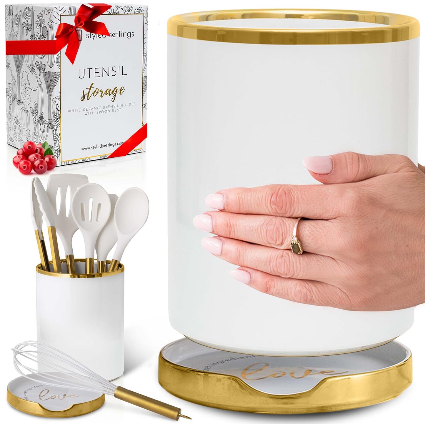 Ensemble d'ustensiles de cuisine en bois – Ensemble de 8 pièces comprenant des ustensiles de cuisine en bois et en or, un porte-ustensiles blanc et un repose-cuillère en bois – Ustensiles de cuisine durables et élégants pour cuisiner et servir