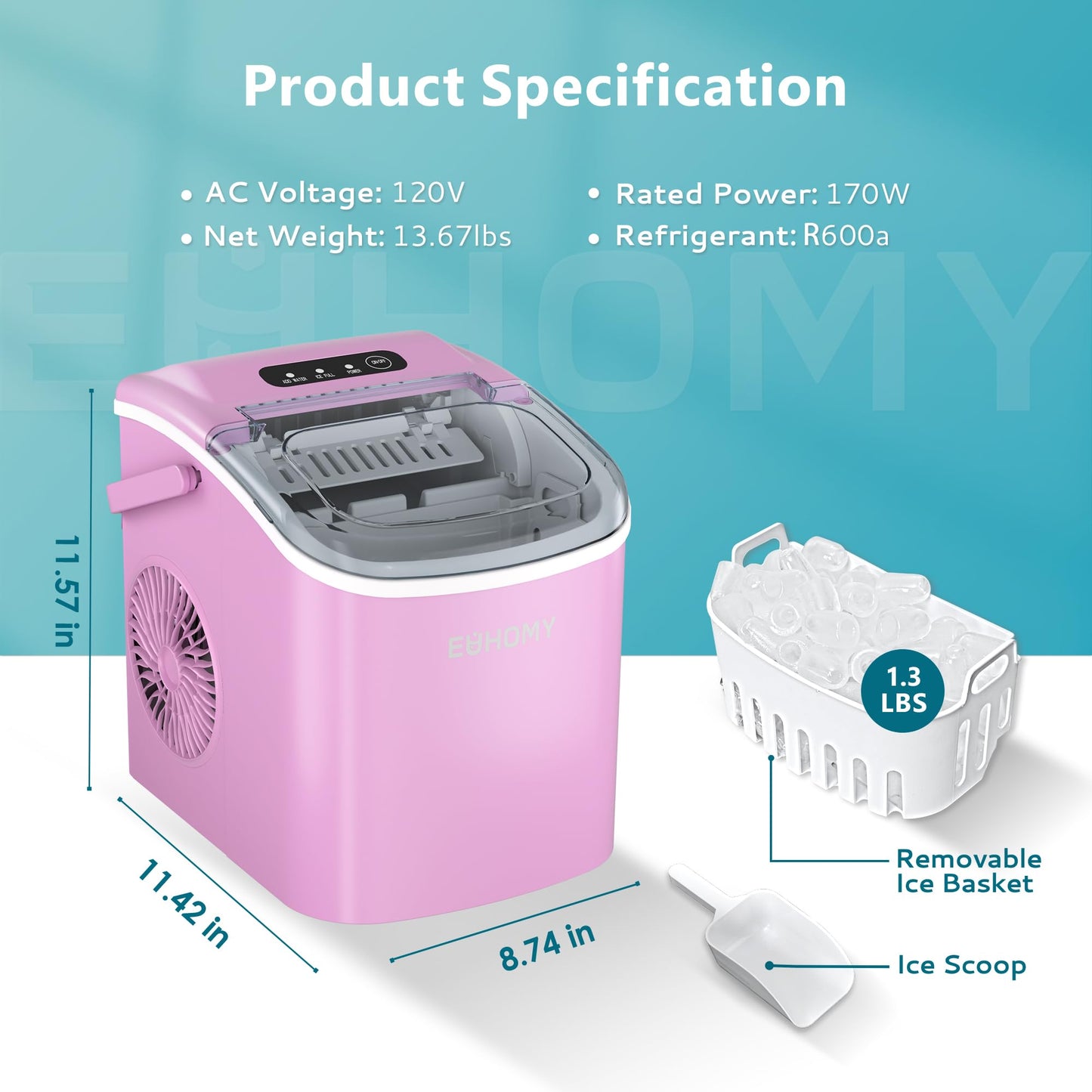 EUHOMY Countertop Ice Maker Machine with Handle, 26lbs in 24Hrs, 9 Ice Cubes Ready in 6 Mins, Auto-Cleaning Portable Ice Maker with Basket and Scoop, for Home/Kitchen/Camping/RV. (Black)