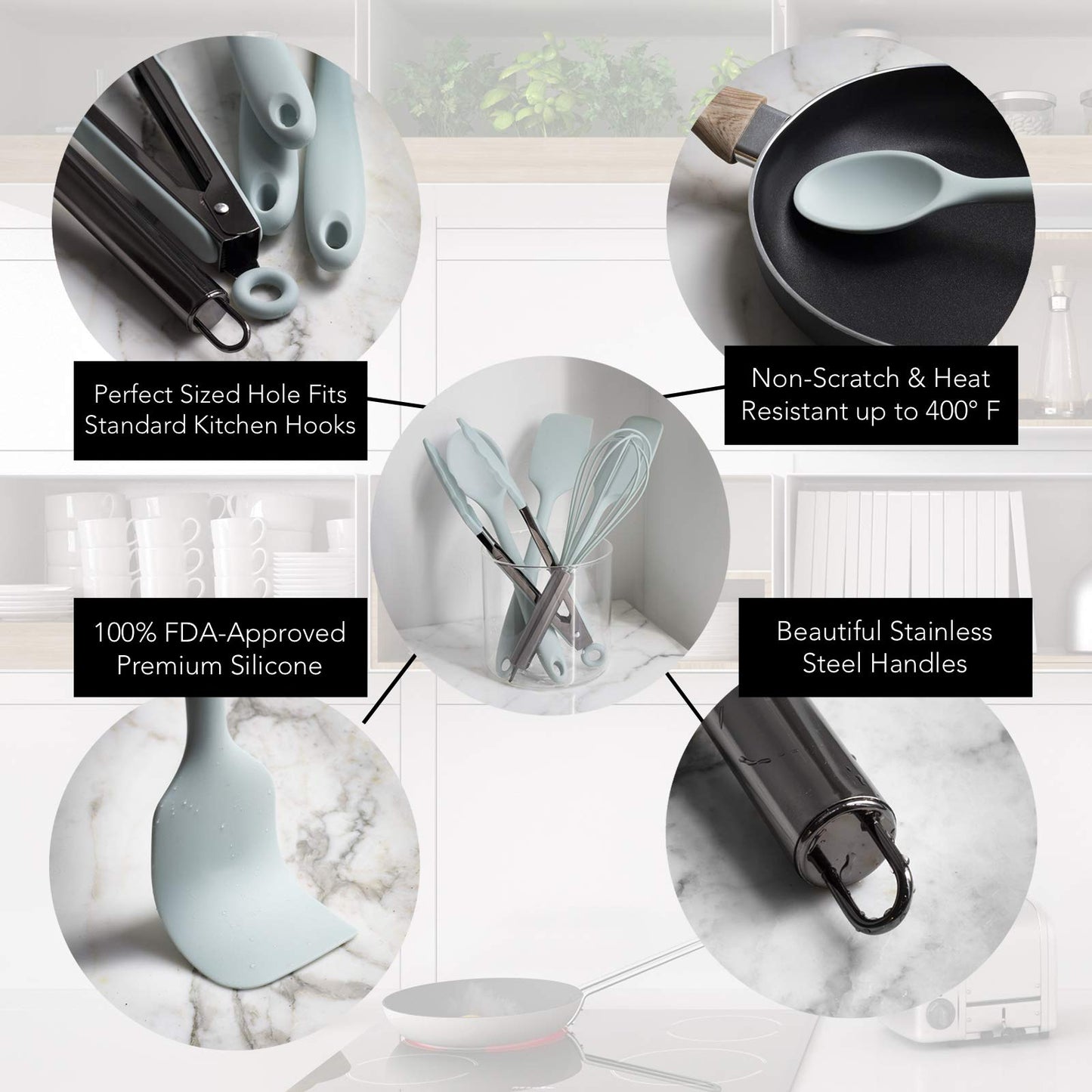 Country Kitchen Silicone Cooking Utensils - Easy to Clean Kitchen Tools, Spatula Set for Nonstick Cookware, Mini, White