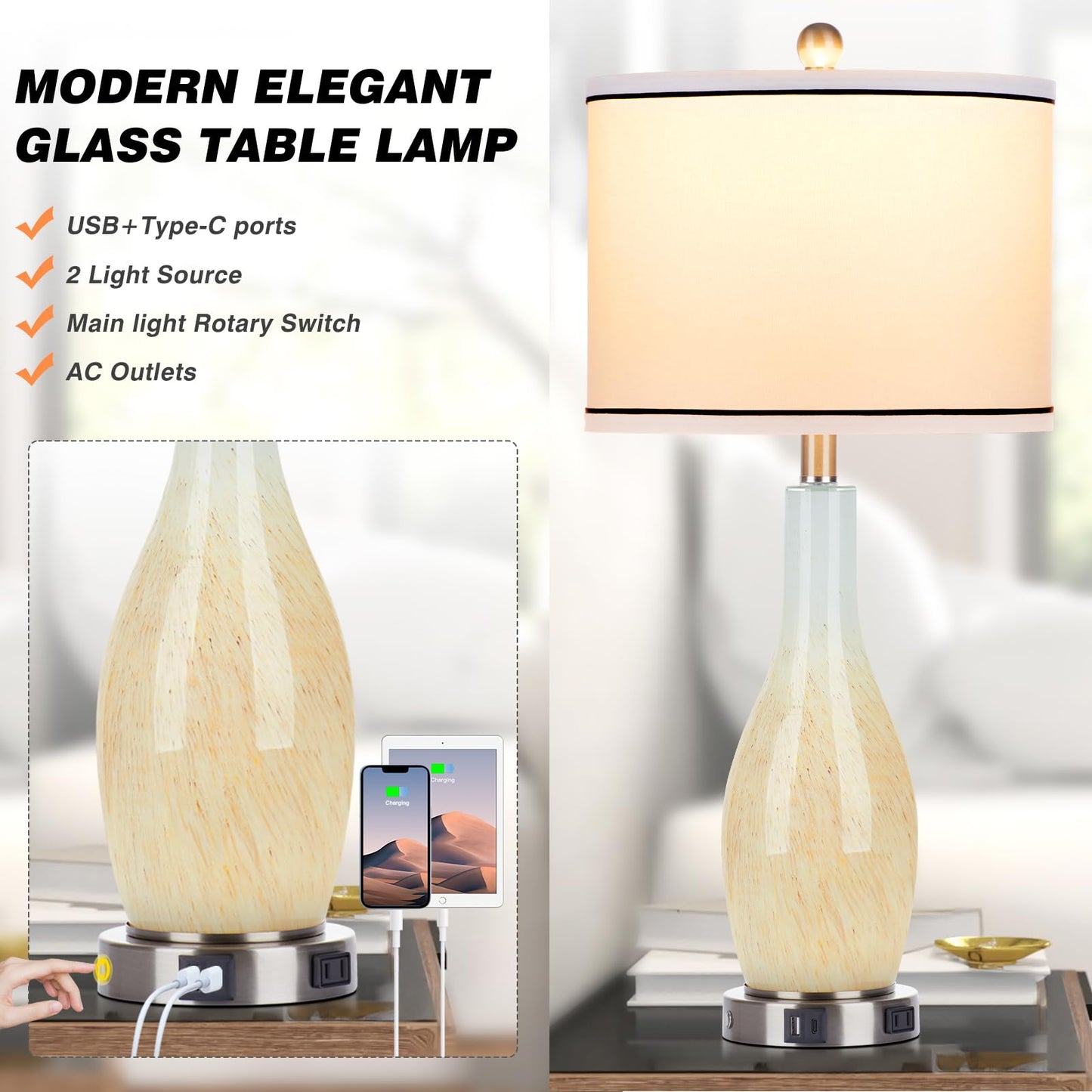 27-Zoll-Tischlampen aus Glas, 2er-Set mit Nachtlicht, moderne Nachttischlampen mit 3-Wege-Touch-Steuerung, USB-A+C-Anschlüssen und AC-Steckdose, gelbe Nachttischlampen im Boho-Stil für das Wohnzimmer im Schlafzimmer