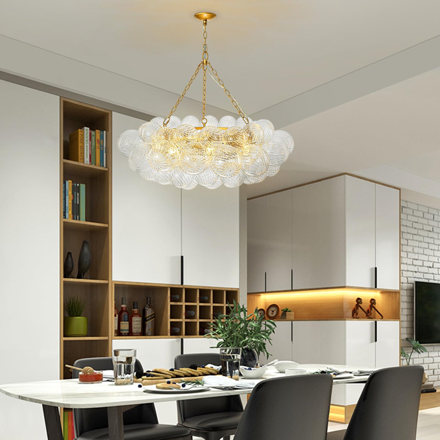 Goldfarbener mehrstufiger Glaskugel-Blasen-Kronleuchter, runder Kronleuchter aus gewirbeltem Glas, klares geblasenes Glas, 8-flammige Pendelleuchte mit 24 Zoll Durchmesser für Schlafzimmer und Restaurant