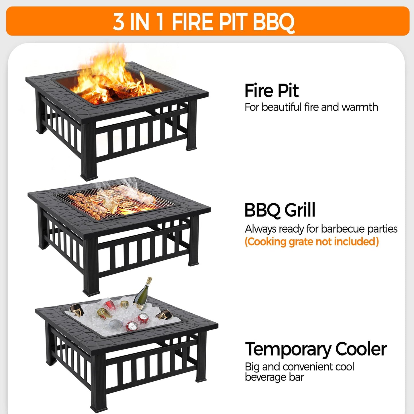 Yaheetech 32in Outdoor Firepit Square Table Backyard Patio Garden Stove Wood Burning Fire Pit with Spark Screen, Log Poker and Cover