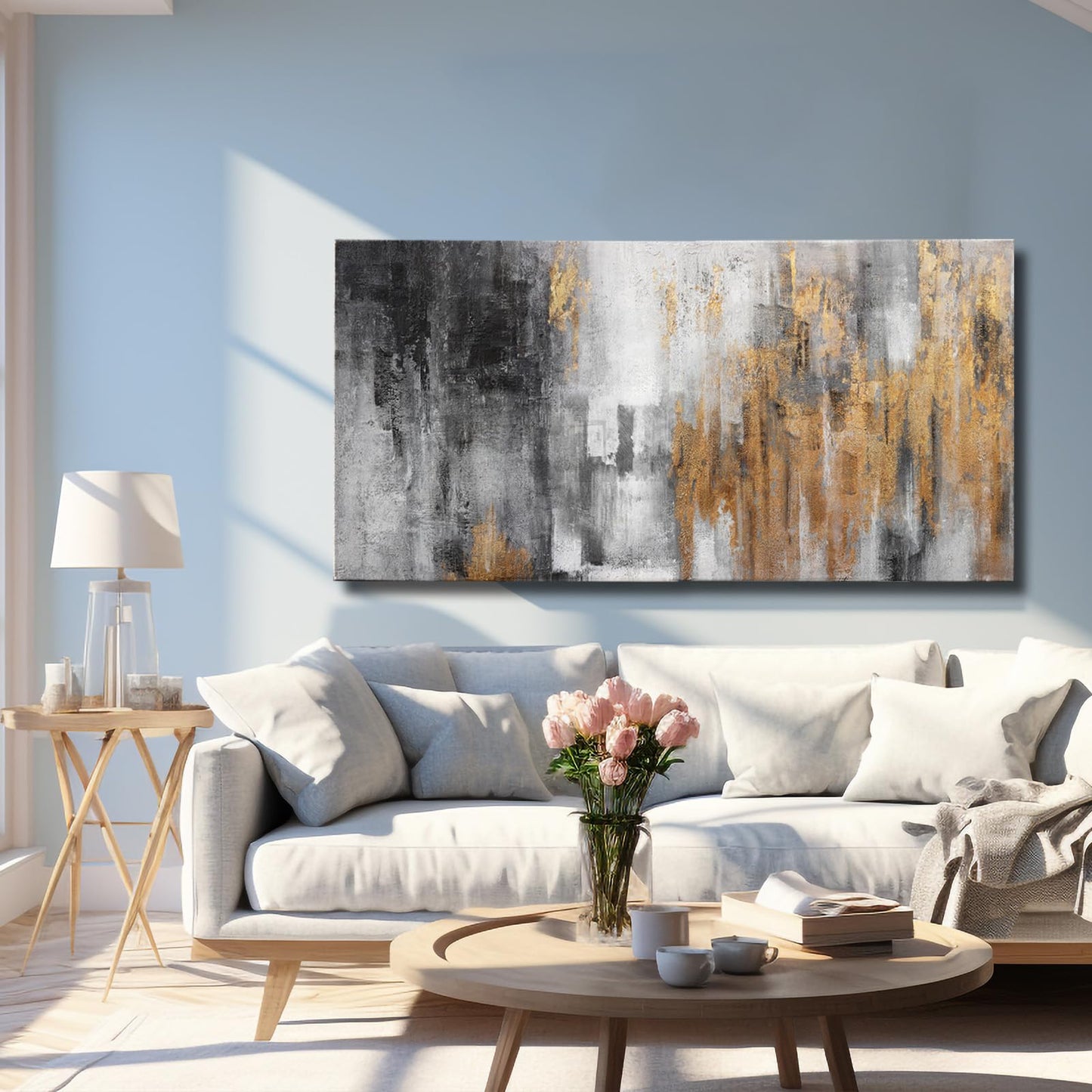YJYart Abstract Wall Art Green and Gold Hand Painted Oil Painting Blossom Botanical Large Picture for Living Room Bedroom Kitchen Office 30x60 Inch