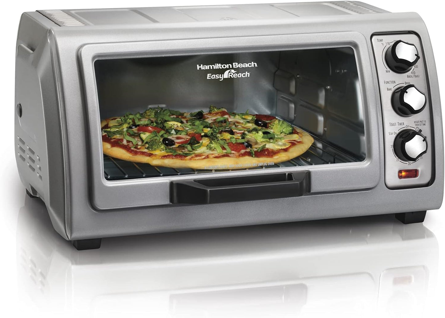 Hamilton Beach 6-Scheiben-Toasterofen für die Arbeitsplatte mit leicht erreichbarer Rolltop-Tür, Back-, Grill- und Toastfunktionen, automatischer Abschaltung, Silber (31127D)