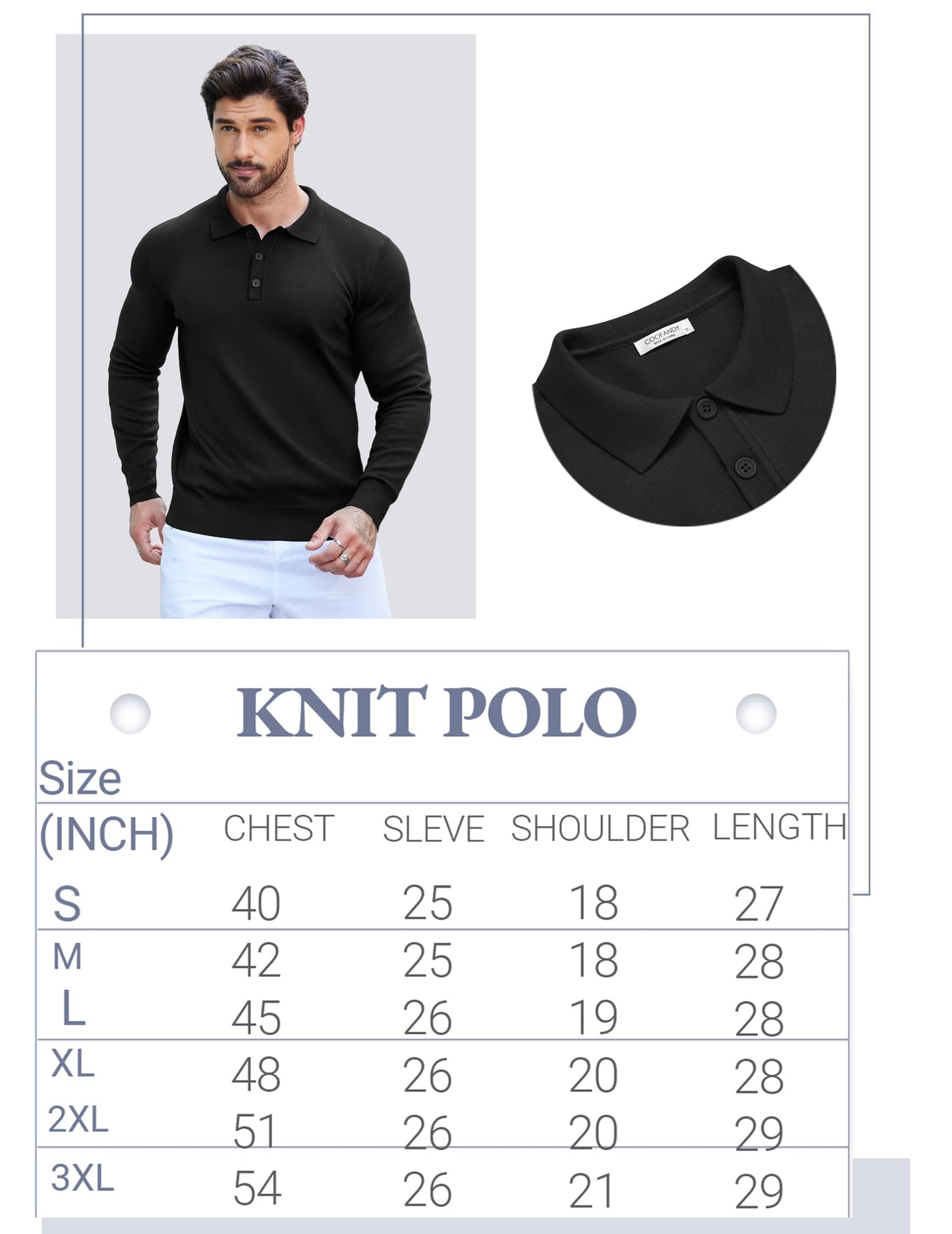 COOFANDY Mens Knit Polo Shirts Casual Long Sleeve Classic Polo Shirts Button Down Golf Shirts