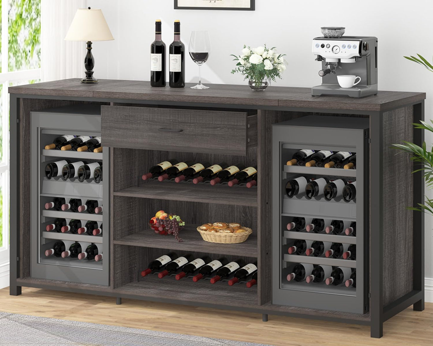 LVB Langer Barschrank mit Platz für den Kühlschrank, großer Spirituosenschrank im Landhausstil mit Schubladen, großer Weinschrank aus rustikalem Holz und Metall mit Regal, modernes Sideboard-Buffet für Küche und Esszimmer, grau, 70 Zoll
