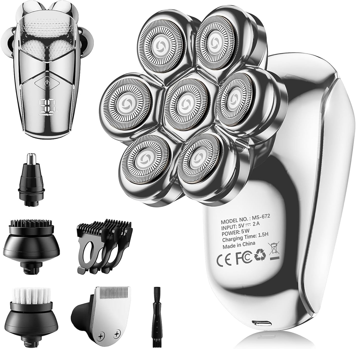 Detachable Head Shavers, SHPAVVER 5 in 1 Electric Razor IPX7 Waterproof for Bald Men, Wet Dry LED Display Rechargeable 7D Rotary Shaver Grooming Kit with Type C Charge A