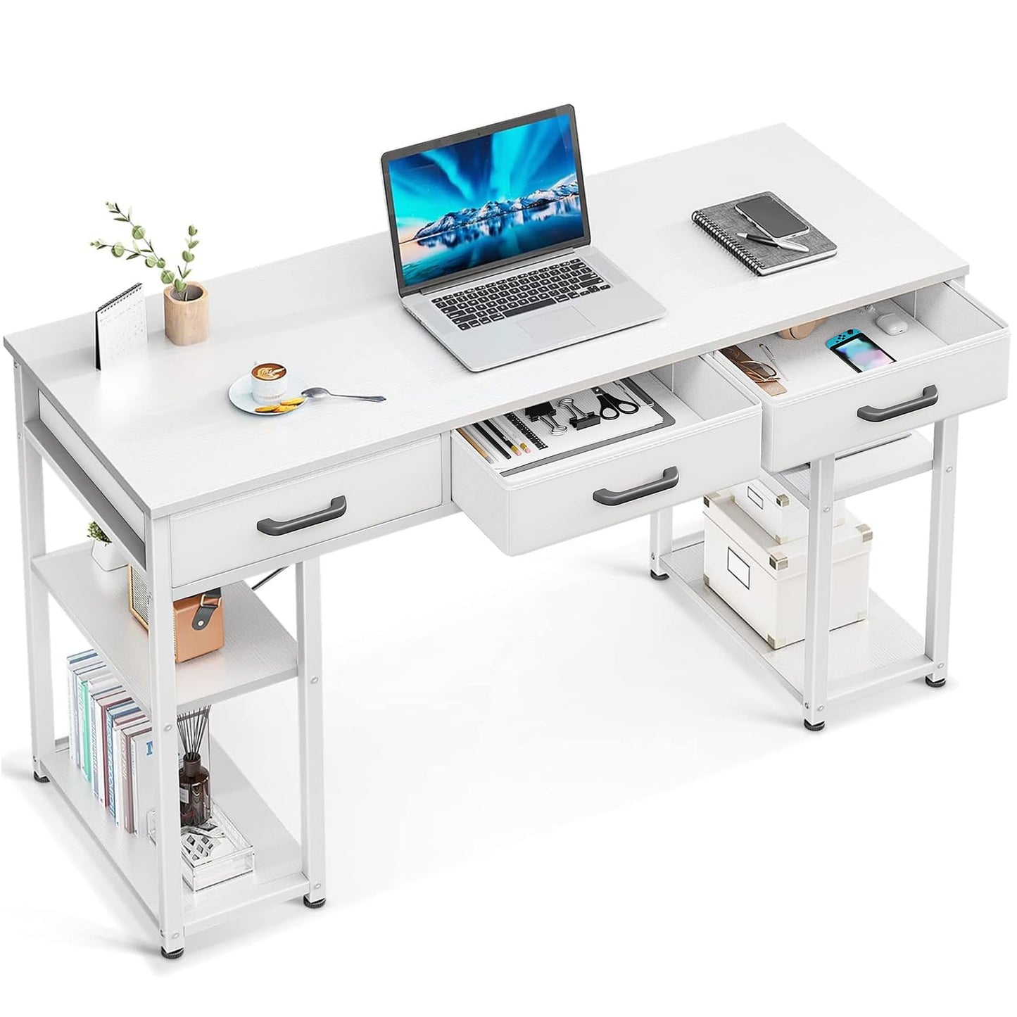 ODK Office Kleiner Computertisch: Heimtisch mit Stoffschubladen und Ablageflächen, moderner Schreibtisch, Schwarz, 48"x16"