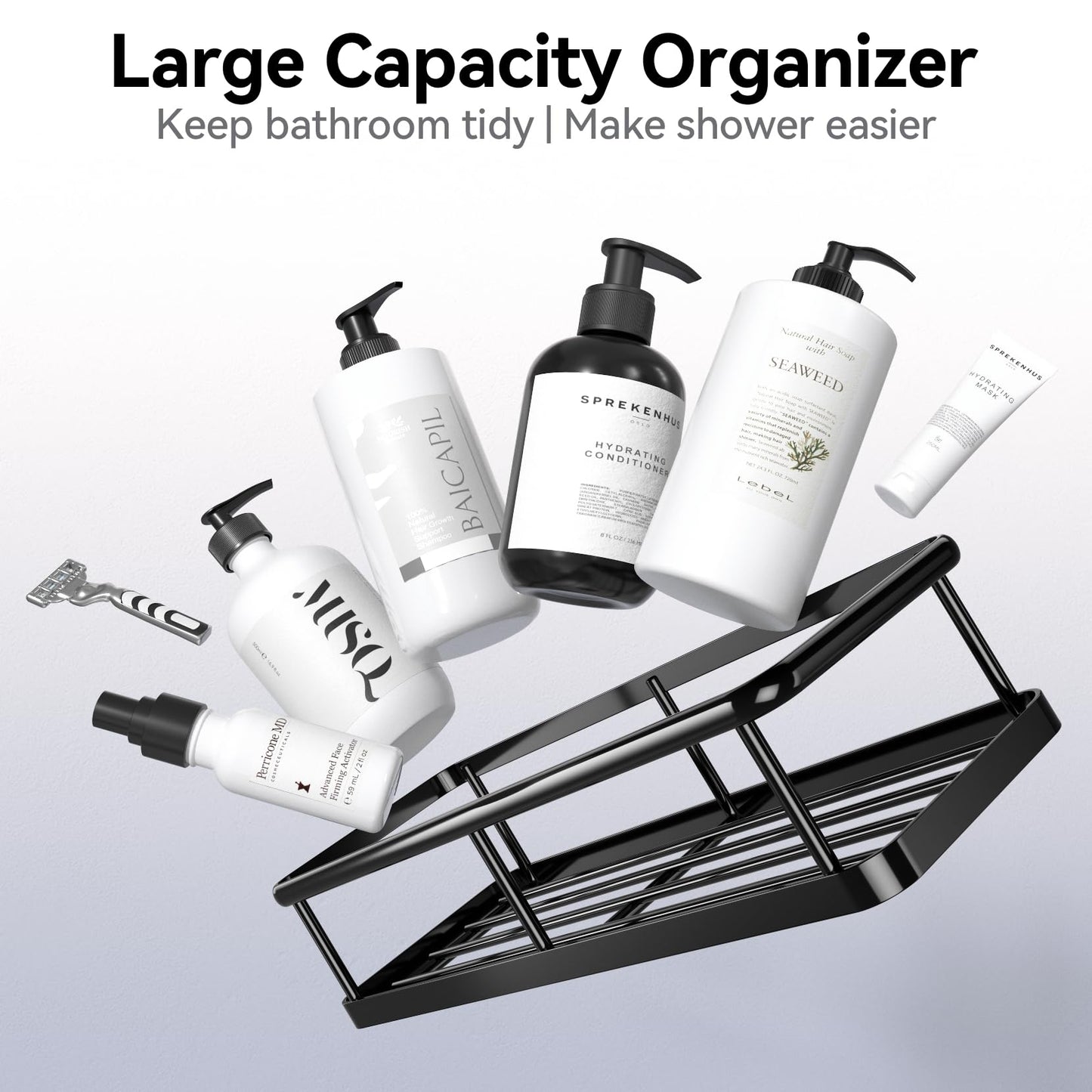 YASONIC Shower Caddy 6 Pack Rustproof shower Organizer, Large Capacity Shower Shelves for inside shower, Bathroom Organizers and Storage with Soap Holder and 12 Hooks, Adhesive Shower storage, Black