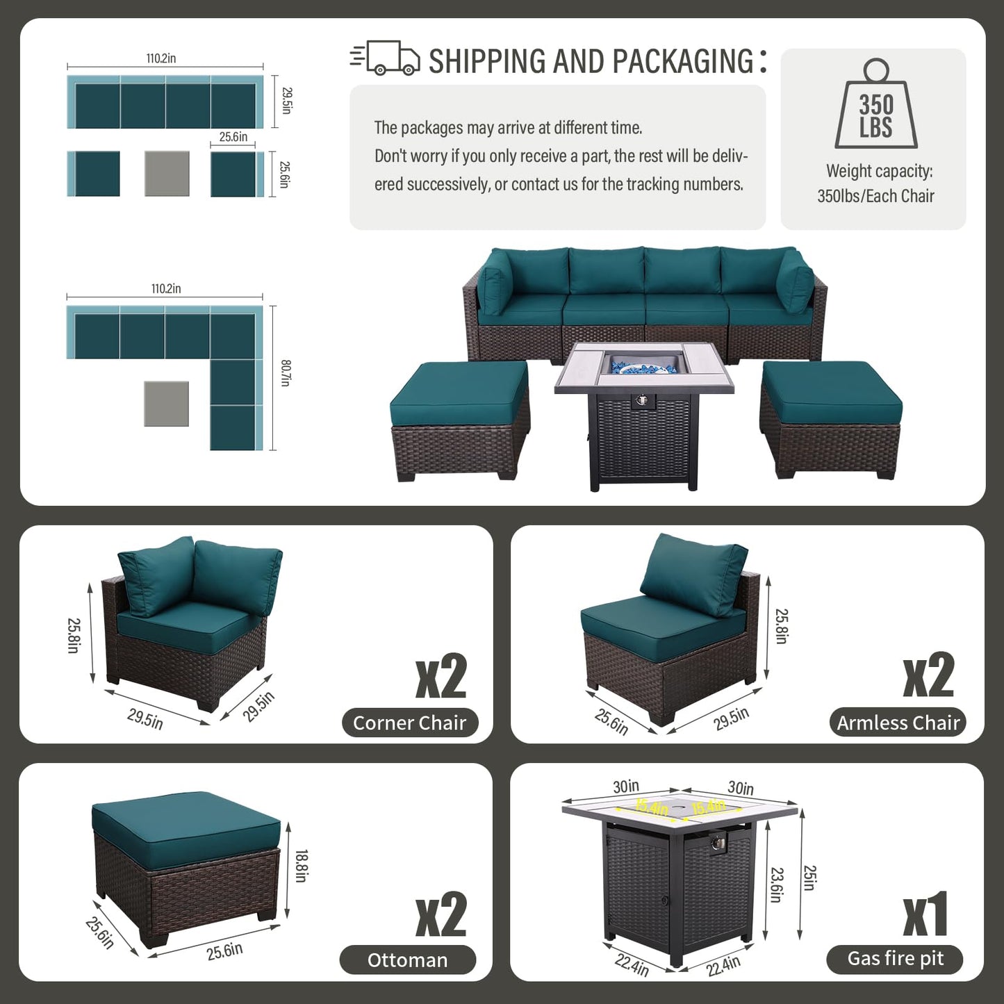 Outdoor Patio Dark Brown Rattan 7 Piece Sectional Set PE Wicker Conversation Sofa with Liftable Storage Table Non-Slip 5" Thick Royal Blue Cushion and Furniture Cover