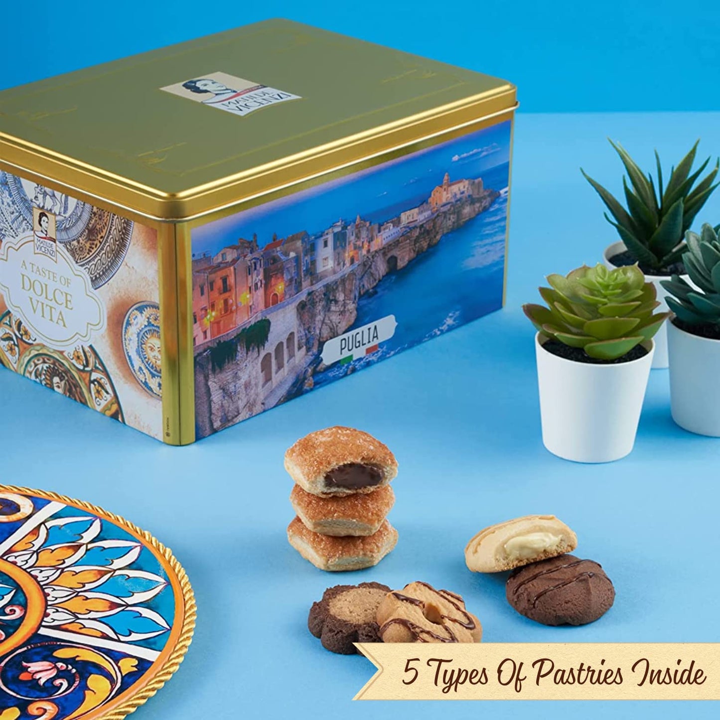 Matilde Vicenzi Roma Cookie Tin - Italian Pastries & Bakery Cookies in Individually Wrapped Trays - Bakery Dessert Gifts - Puff Pastry, Assorted Cookies in Italian Design Gift Tin 32oz (907g)