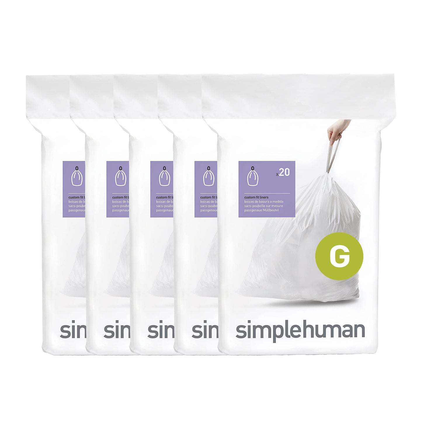 simplehuman Code H 60 Count, Genuine Custom Fit Liners, Drawstring Trash Bags in Dispenser Packs, 30-35 Liter / 8-9.2 Gallon, White