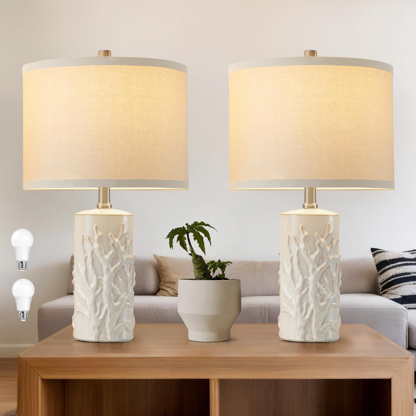 Luvkczc Moderne Keramiklampen für Schlafzimmer, 2er-Set, 3-Farbtemperatur-Tischlampe, Nachttischlampe, Schreibtisch-Leselampe mit Stoffschirm in Trommelform für Schlafzimmer, Wohnzimmer, 2 Glühbirnen enthalten (21,4 Zoll)