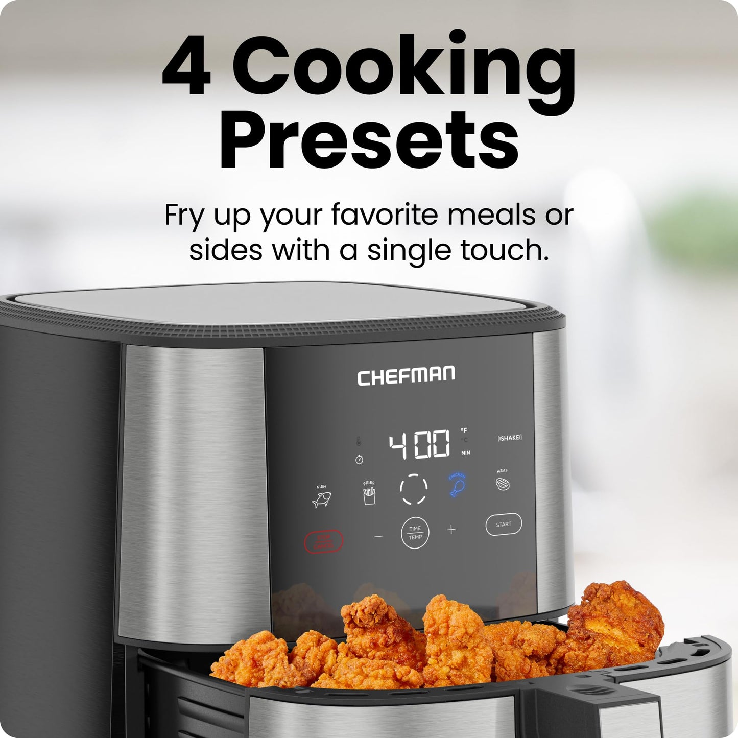 Chefman TurboFry® Touch Heißluftfritteuse, XL 8-Qt Familiengröße, digitale One-Touch-Voreinstellungen, Pommes Frites, Hähnchen, Fleisch, Fisch, antihaftbeschichtete, spülmaschinenfeste Teile, automatische Abschaltung, Edelstahl