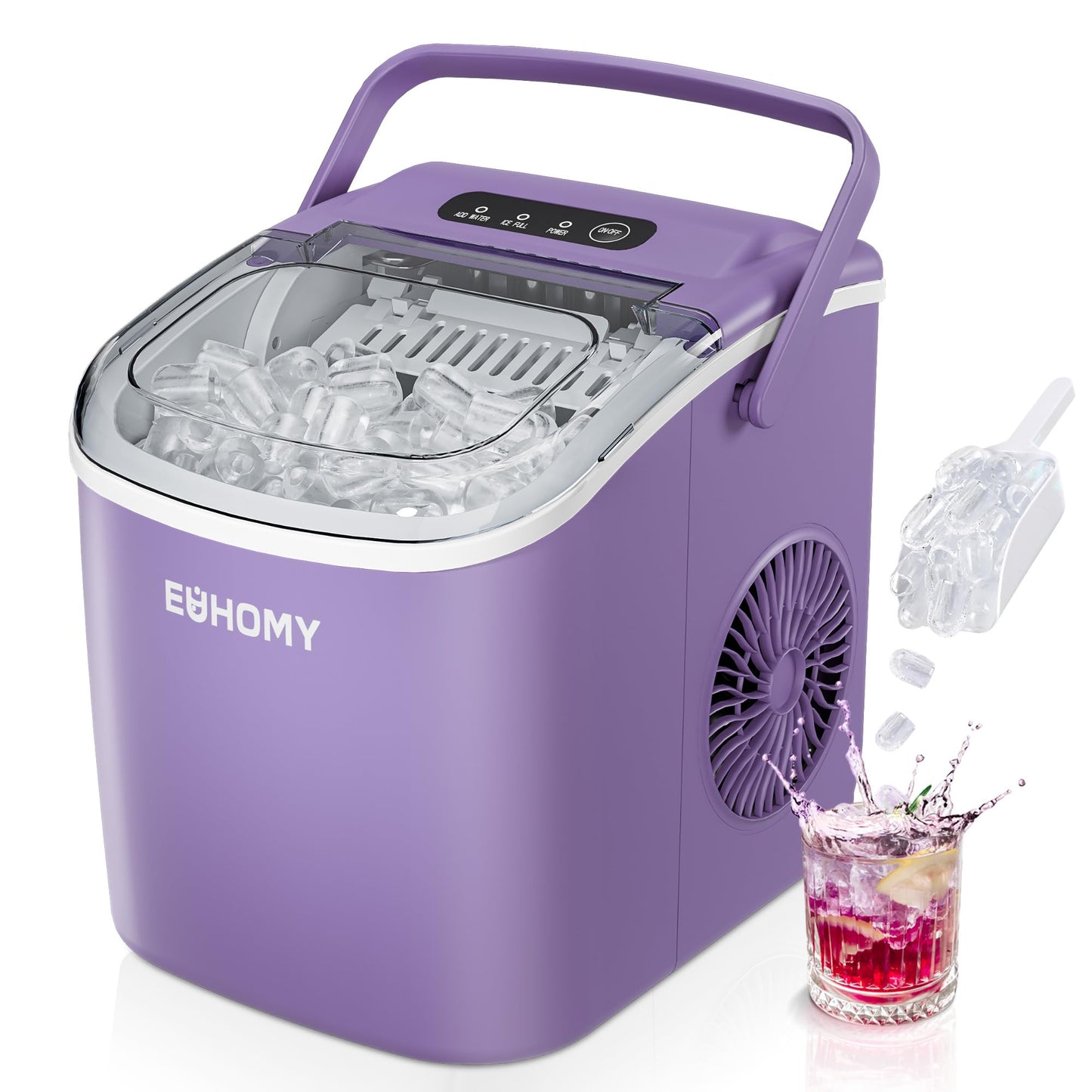 EUHOMY Countertop Ice Maker Machine with Handle, 26lbs in 24Hrs, 9 Ice Cubes Ready in 6 Mins, Auto-Cleaning Portable Ice Maker with Basket and Scoop, for Home/Kitchen/Camping/RV. (Black)