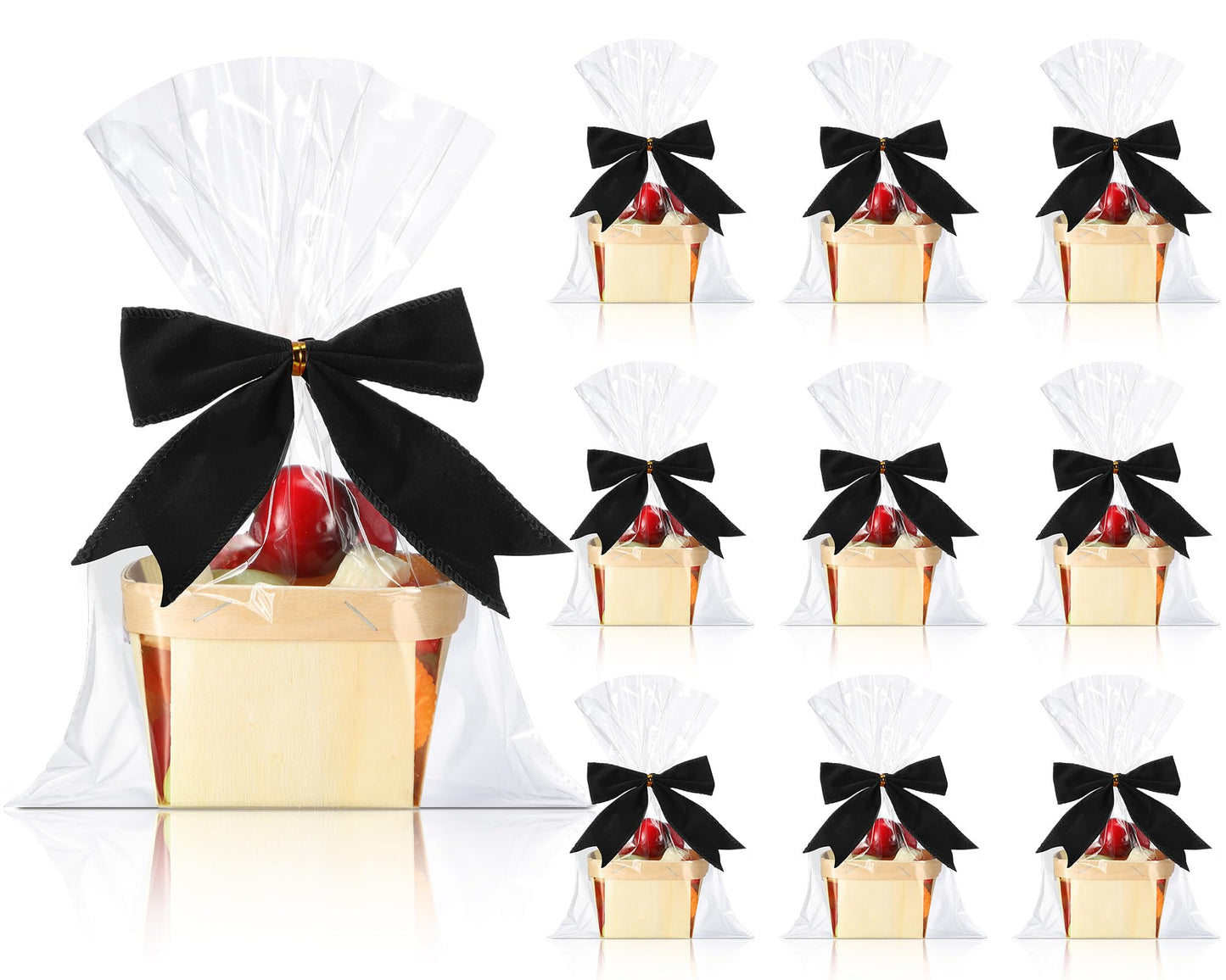 Yerliker 10 Set Wooden Mini Baskets for Gifts Empty 4 Inches Small Baskets Berry Basket Bows Clear Treat Bags Set for DIY Picking Wedding Birthday Easter(White,Satin)