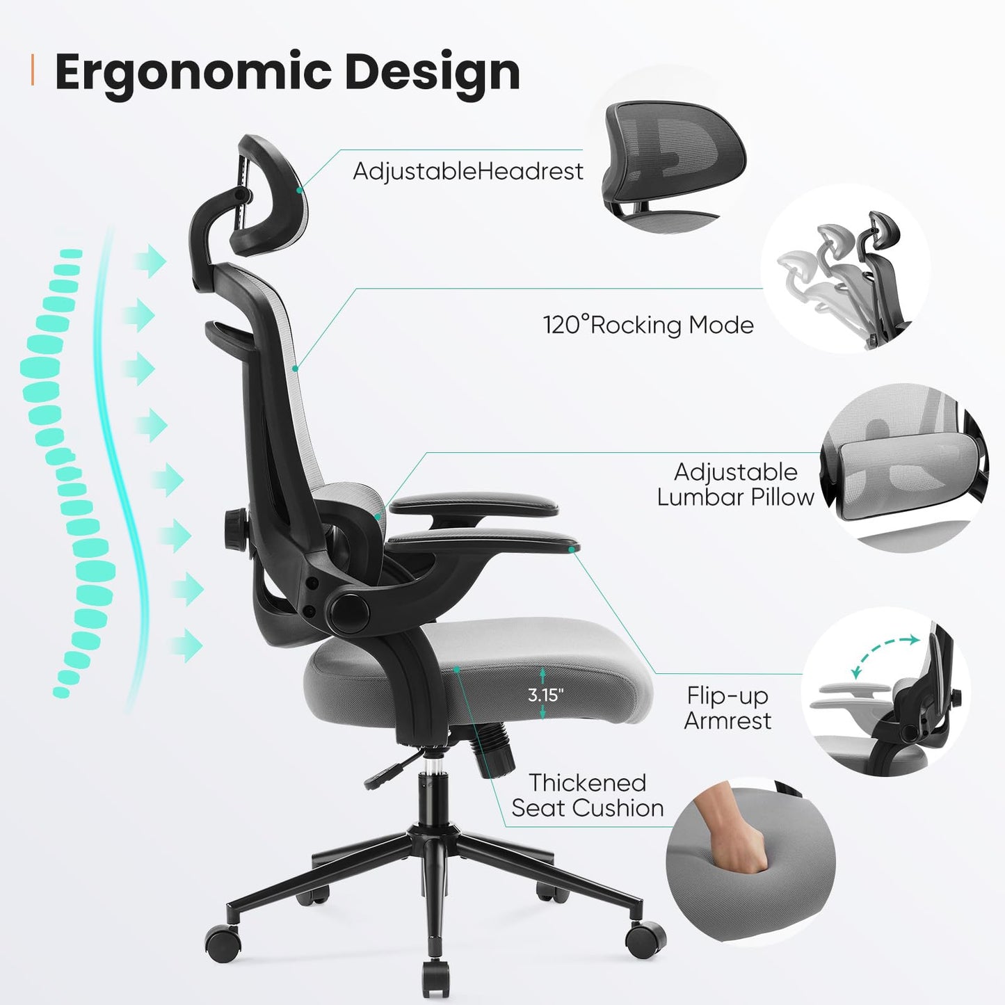 Ergonomic Mesh Office Chair, High Back Desk Chair with 2D Headrest, Up&Down Lumbar Support, Swivel Computer Task Chair with Adjustable Flip-up Armrests,Black