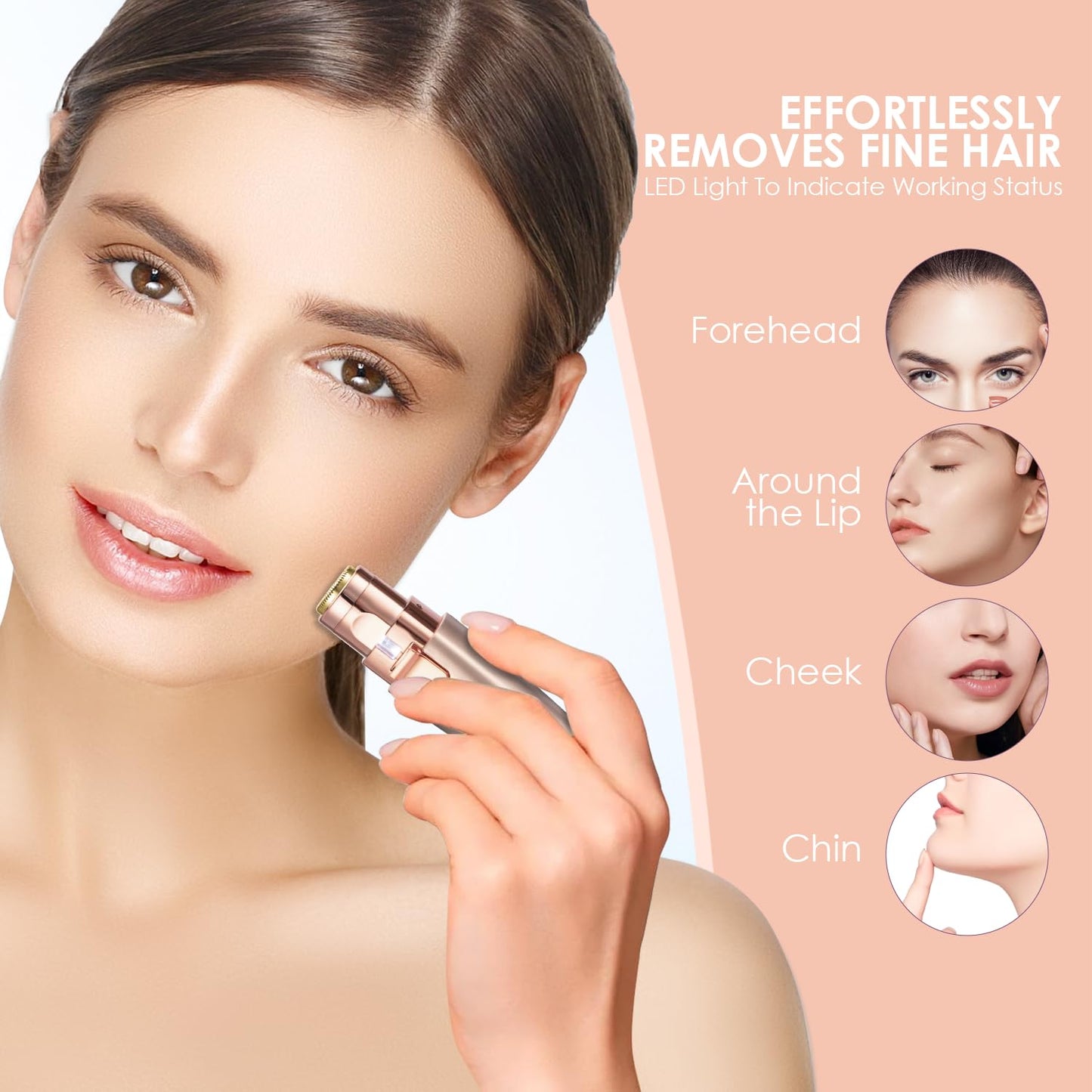 Eyebrow Facial Trimmer: 2 in1 Rechargeable Facial Hair Removal and Eyebrow Shaver - Face Lips Body Painless Facial Razor with Built-in LED Light (Rose Gold)