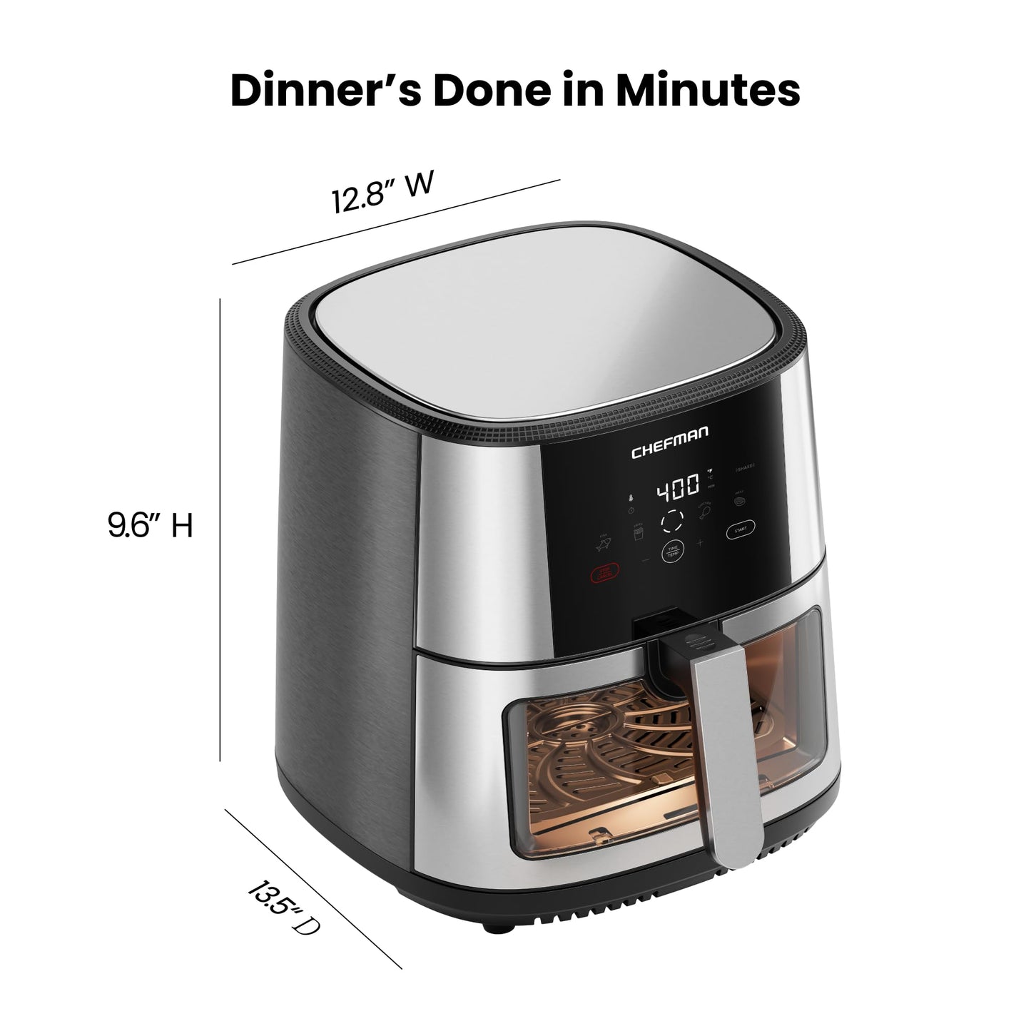 Chefman TurboFry® Touch Heißluftfritteuse, XL 8-Qt Familiengröße, digitale One-Touch-Voreinstellungen, Pommes Frites, Hähnchen, Fleisch, Fisch, antihaftbeschichtete, spülmaschinenfeste Teile, automatische Abschaltung, Edelstahl