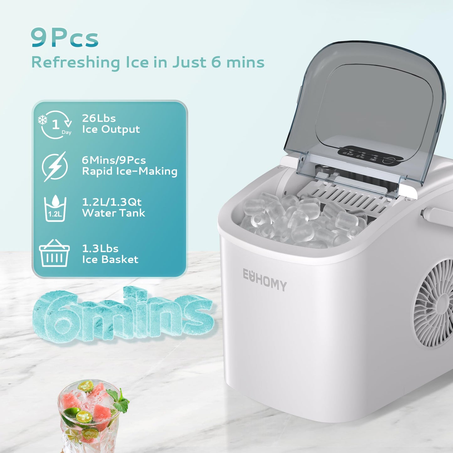 EUHOMY Countertop Ice Maker Machine with Handle, 26lbs in 24Hrs, 9 Ice Cubes Ready in 6 Mins, Auto-Cleaning Portable Ice Maker with Basket and Scoop, for Home/Kitchen/Camping/RV. (Black)