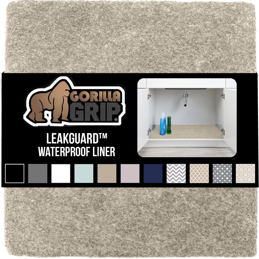 Gorilla Grip LeakGuard, nicht klebende Unterspülmatte für Küchenschränke, 24 x 40, wasserdichte, schnell trocknende Regaleinlage, langlebige, saugfähige Filzmatten für Badezimmerwaschbecken, Schränke, Kommoden, Damast, Taupe-Creme