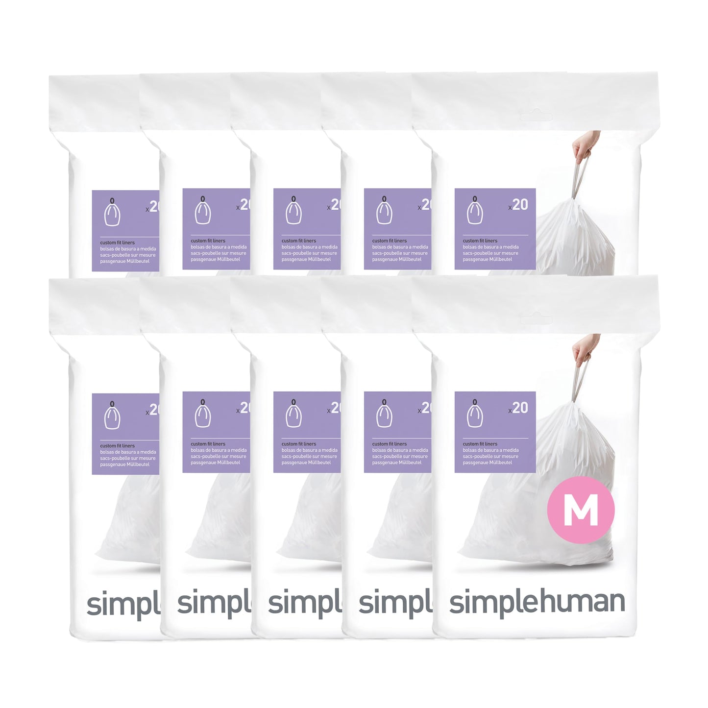 simplehuman Code H 60 Count, Genuine Custom Fit Liners, Drawstring Trash Bags in Dispenser Packs, 30-35 Liter / 8-9.2 Gallon, White