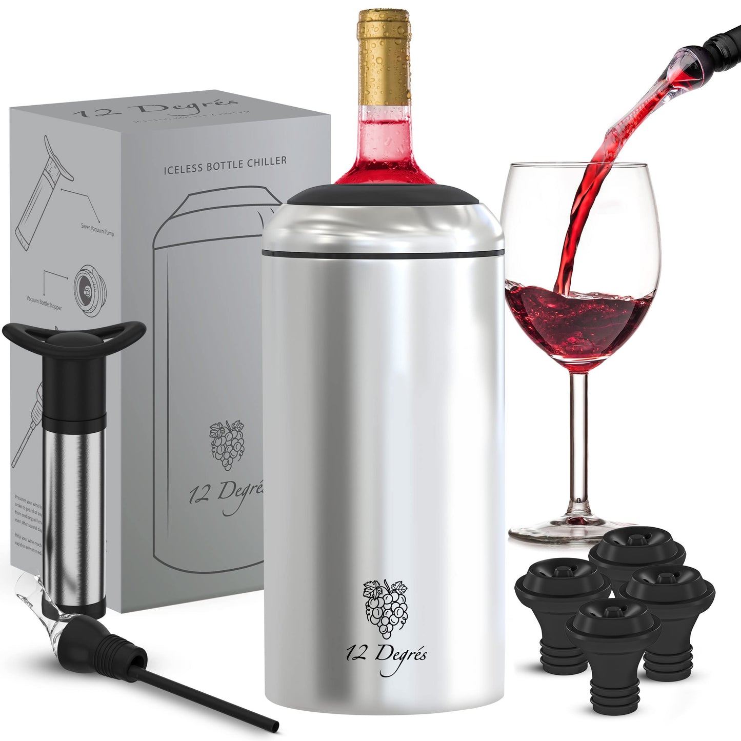 Wine Chiller Set - Perfect Wine Gifts for Women & Men - Stainless Steel Insulated Wine Cooler with Wine Pump, Aerator & 4 Stoppers (Black)