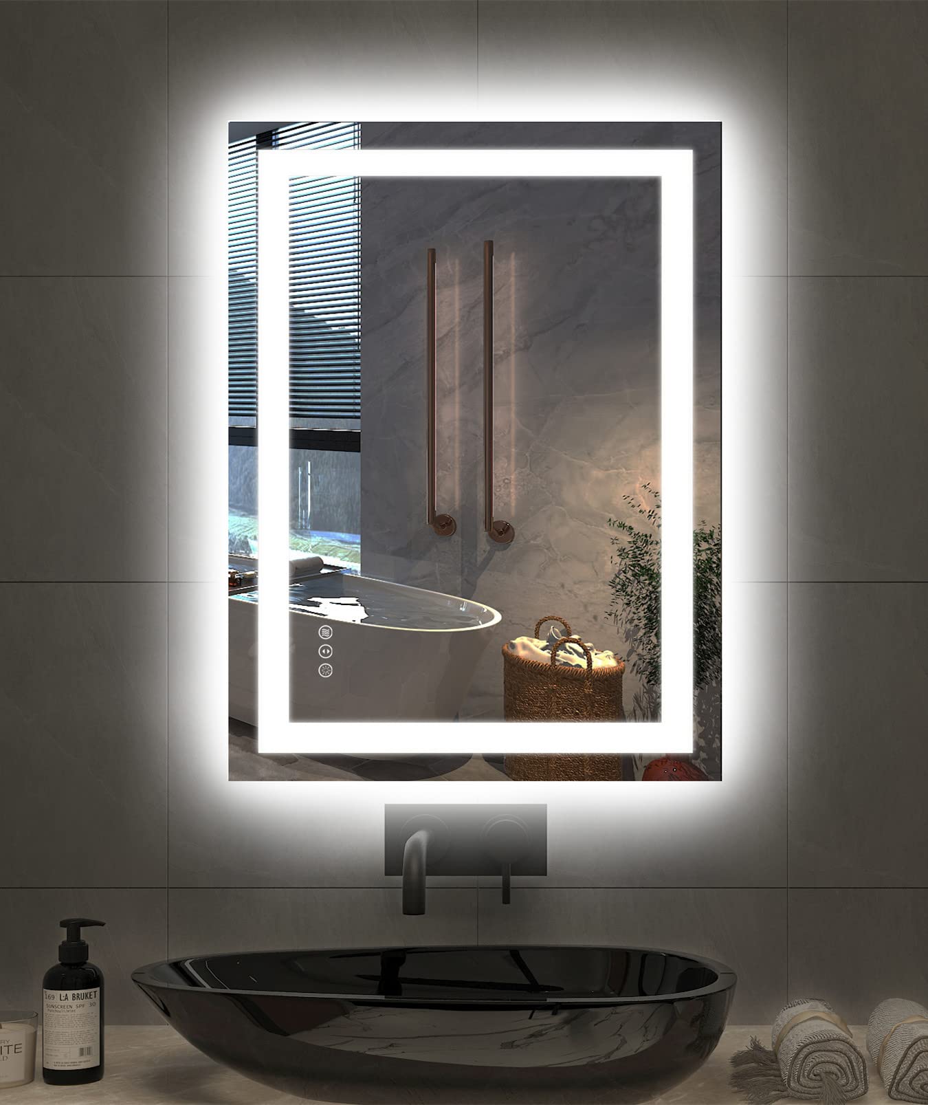 Amorho 20"x 28" LED Bathroom Mirror with Black Frame, Front Light and Backlit(Controlled Separately), Stepless Dimmable, Anti-Fog, Shatter-Proof, 3 Colors, Memory