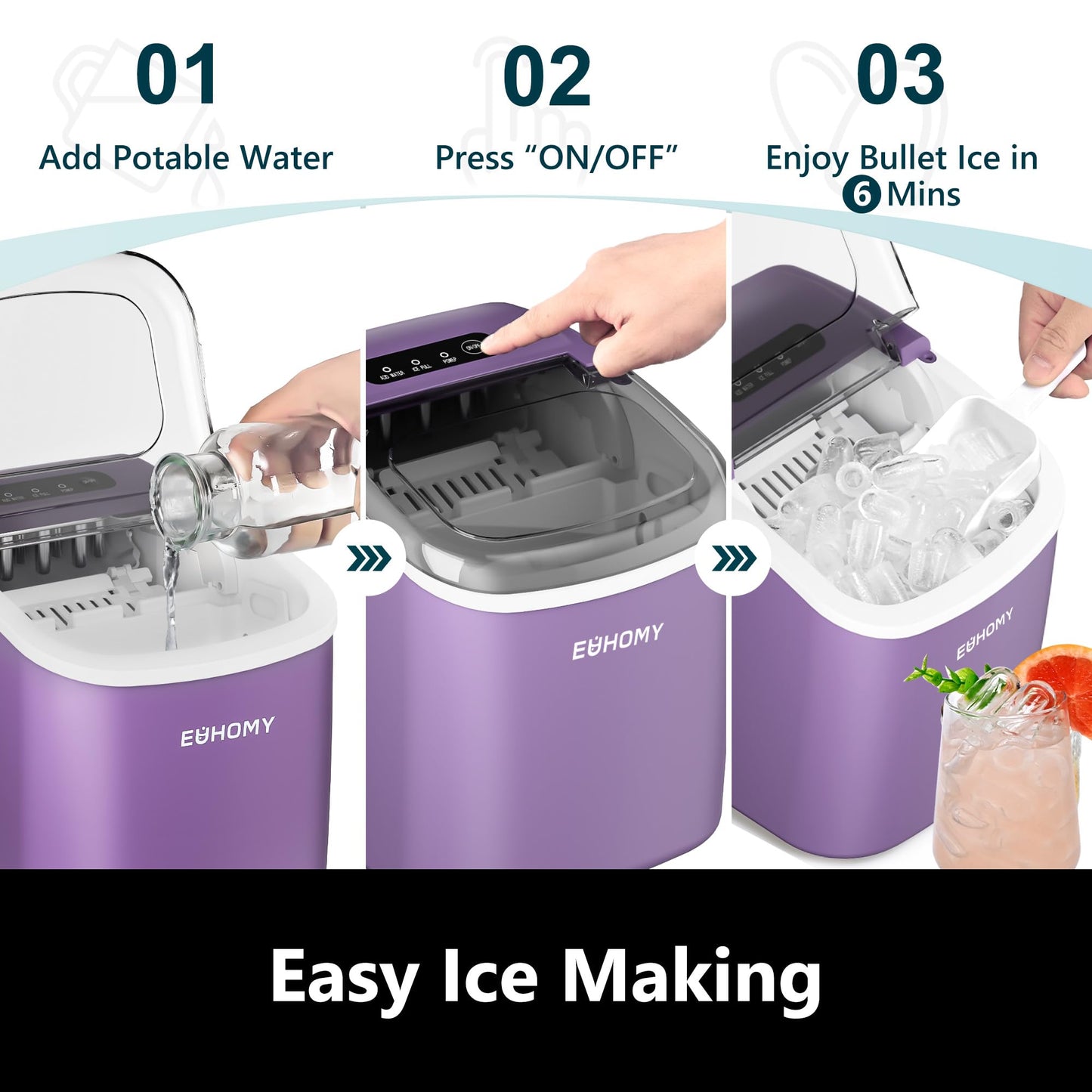 EUHOMY Countertop Ice Maker Machine with Handle, 26lbs in 24Hrs, 9 Ice Cubes Ready in 6 Mins, Auto-Cleaning Portable Ice Maker with Basket and Scoop, for Home/Kitchen/Camping/RV. (Black)