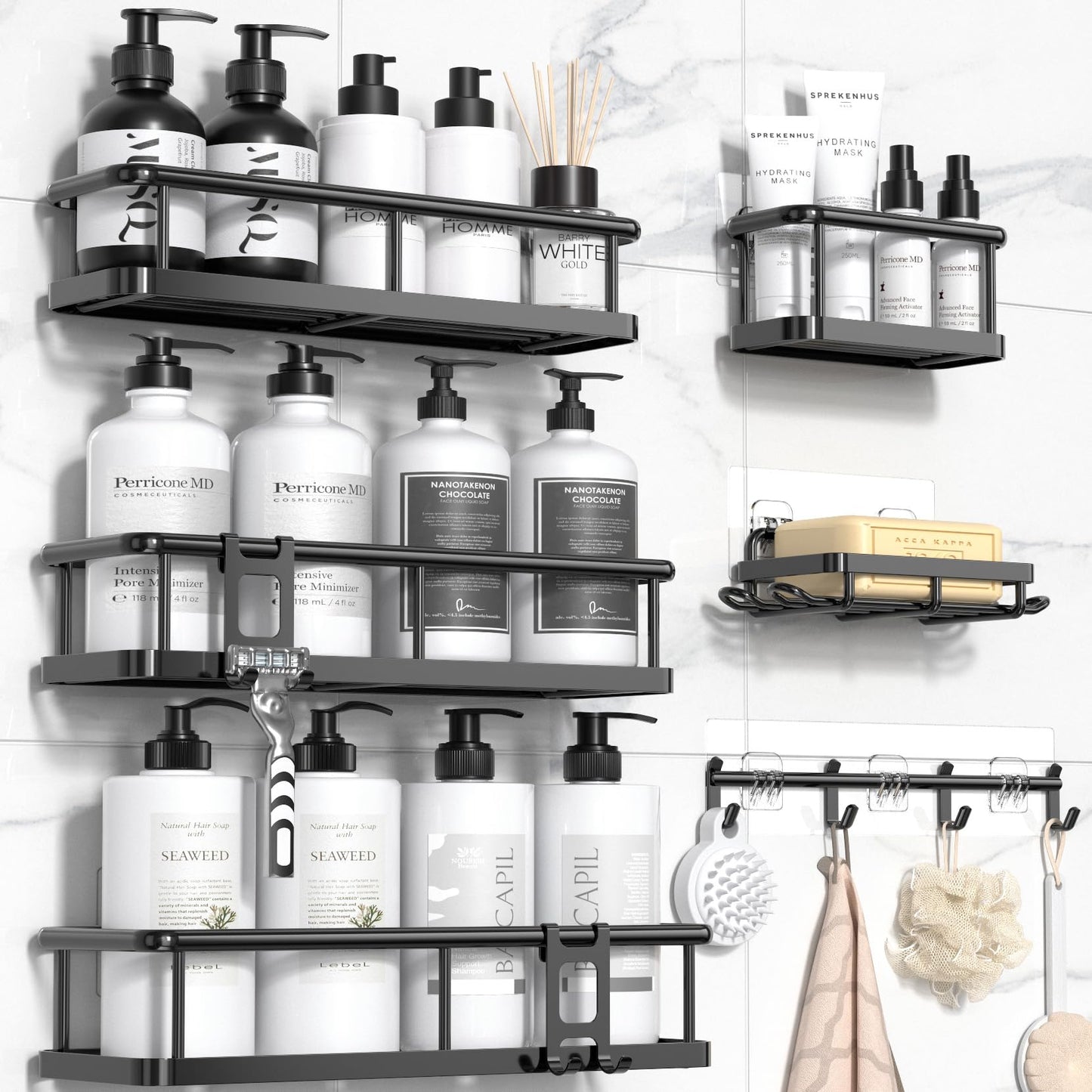 YASONIC Shower Caddy 6 Pack Rustproof shower Organizer, Large Capacity Shower Shelves for inside shower, Bathroom Organizers and Storage with Soap Holder and 12 Hooks, Adhesive Shower storage, Black