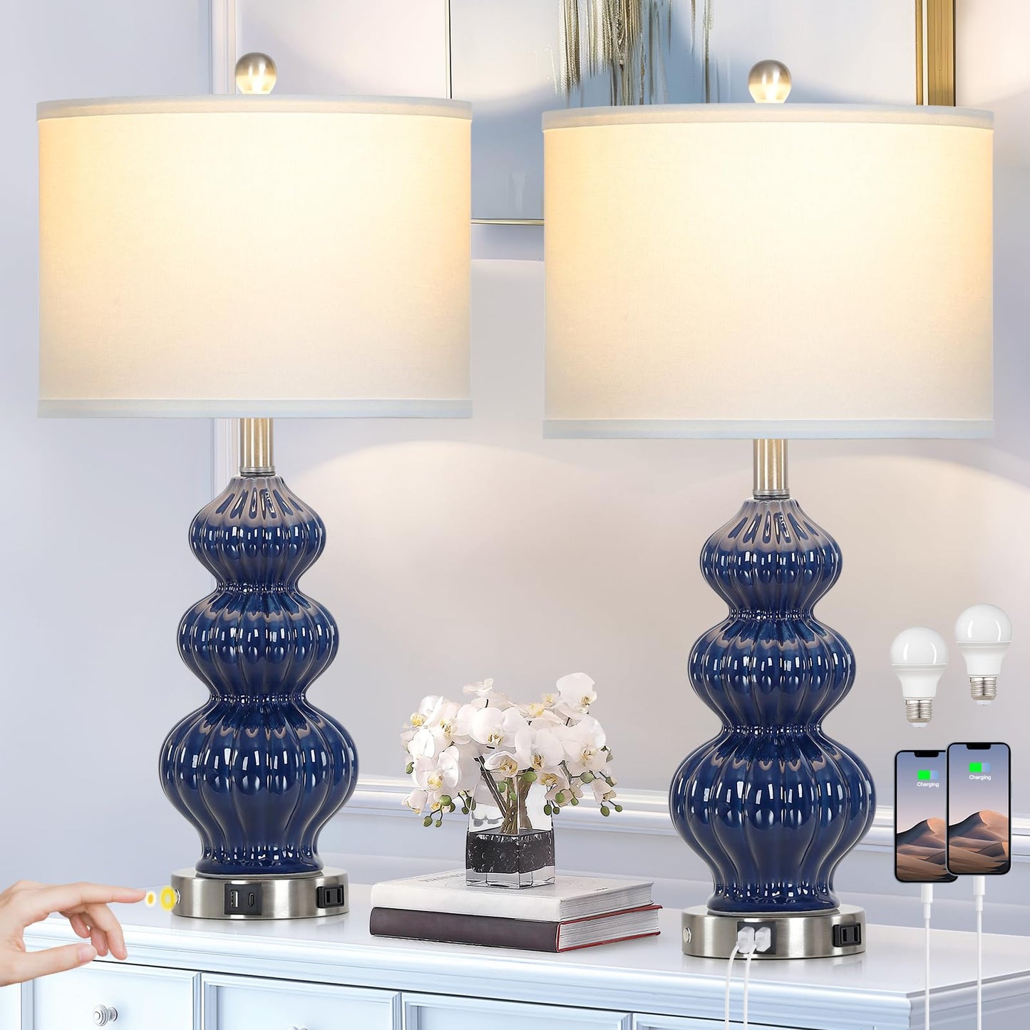 27-Zoll-Tischlampen aus Glas, 2er-Set mit Nachtlicht, moderne Nachttischlampen mit 3-Wege-Touch-Steuerung, USB-A+C-Anschlüssen und AC-Steckdose, gelbe Nachttischlampen im Boho-Stil für das Wohnzimmer im Schlafzimmer