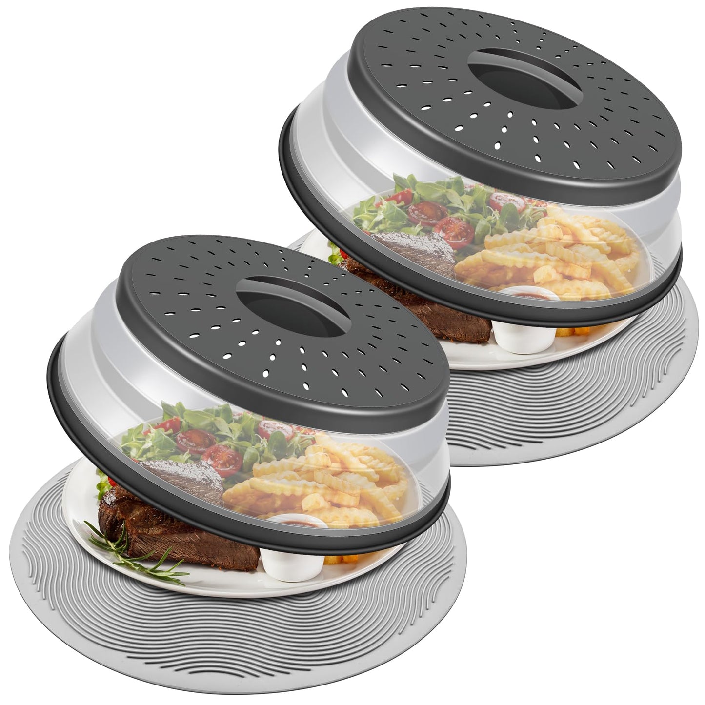 2er-Pack, LekDrok Mikrowellen-Abdeckhaube mit Matte, 12 Zoll, Matte als Schüsselhalter, Abdeckung als Spritzschutz, zusammenklappbarer Deckel für Teller, Mehrzweck-Silikonmatte und Küchensieb-Gadget für die Essenszubereitung, Anthrazit