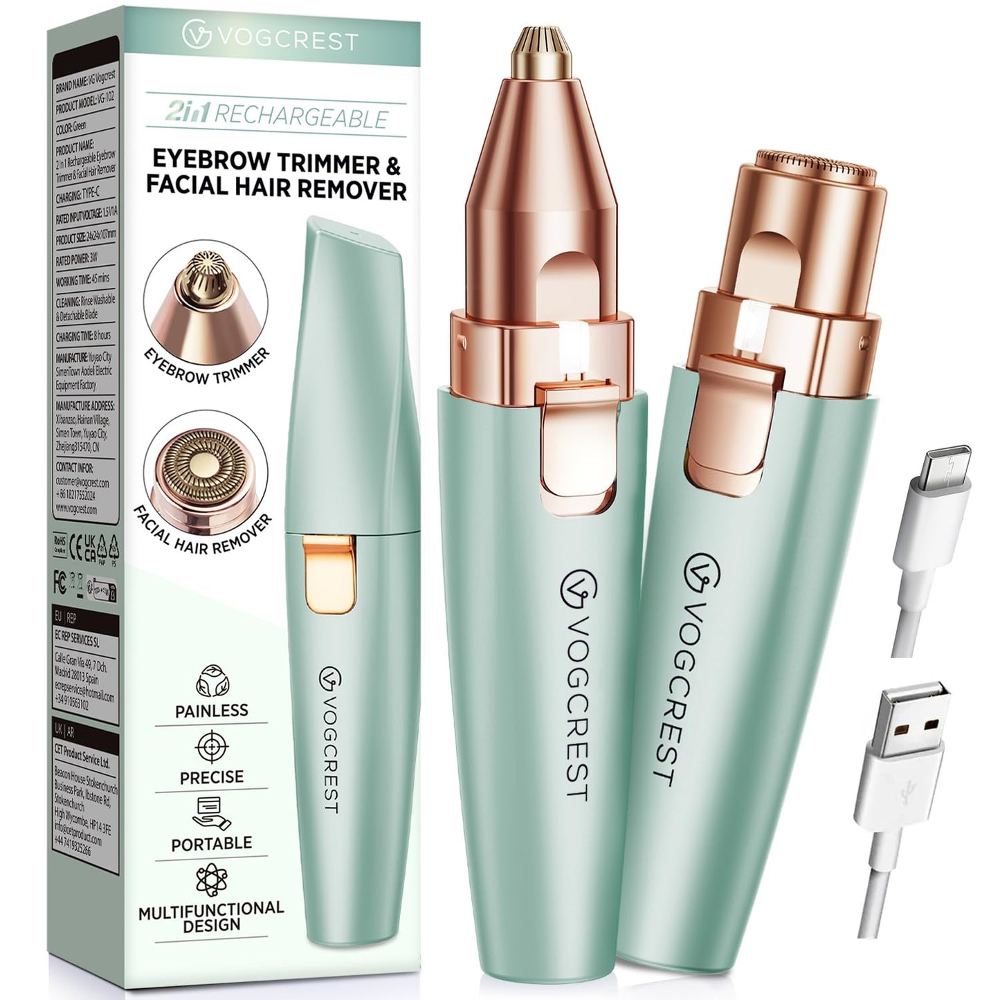 Eyebrow Facial Trimmer: 2 in1 Rechargeable Facial Hair Removal and Eyebrow Shaver - Face Lips Body Painless Facial Razor with Built-in LED Light (Rose Gold)