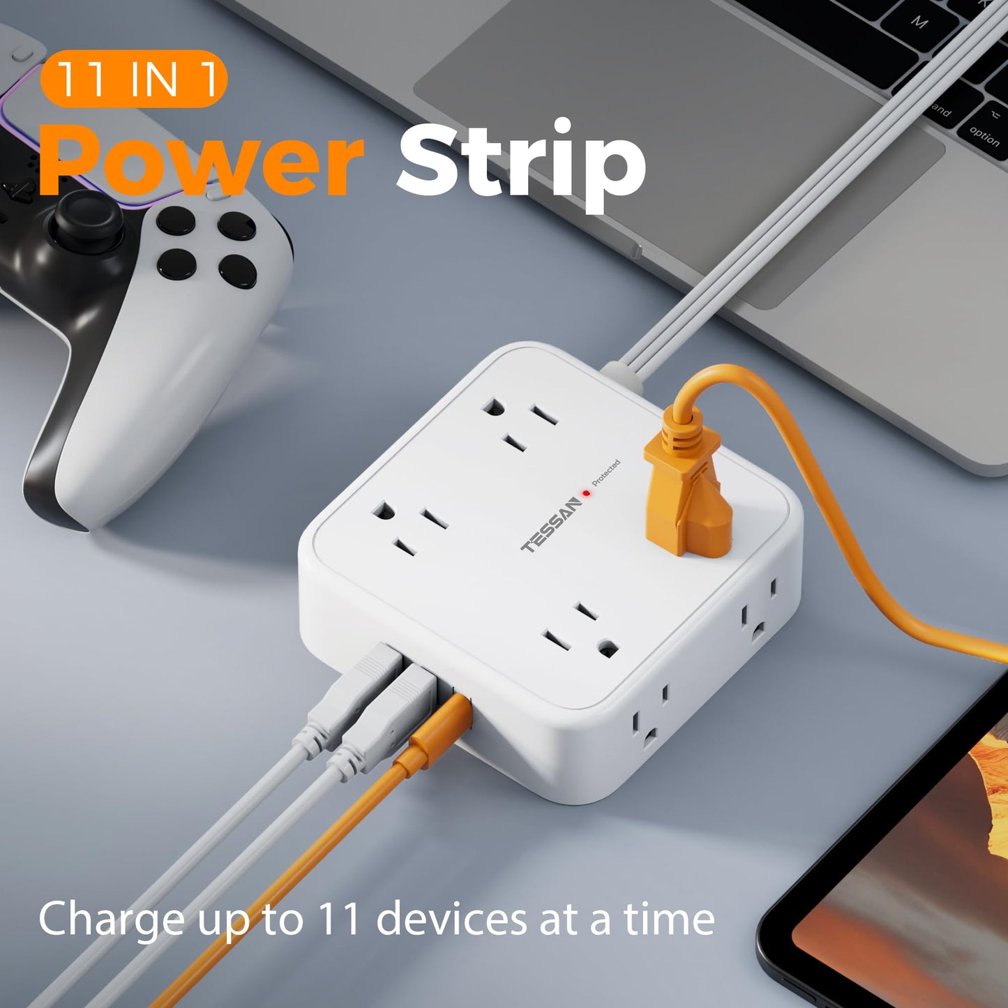 Surge Protector Flat Extension Cord Flat Plug Power Strip, 8 AC Outlets, 3 USB Charger(1 USB C Port) 3-Sided Outlet Extender, 5 Ft, 900 Joules Protection