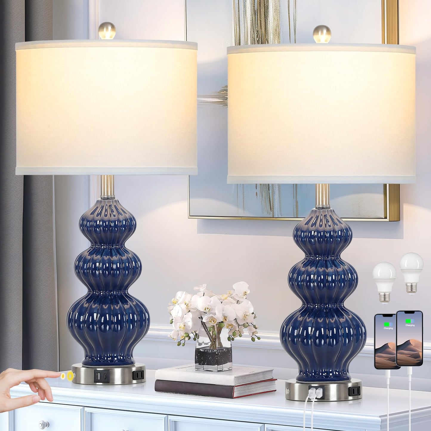 27-Zoll-Tischlampen aus Glas, 2er-Set mit Nachtlicht, moderne Nachttischlampen mit 3-Wege-Touch-Steuerung, USB-A+C-Anschlüssen und AC-Steckdose, gelbe Nachttischlampen im Boho-Stil für das Wohnzimmer im Schlafzimmer