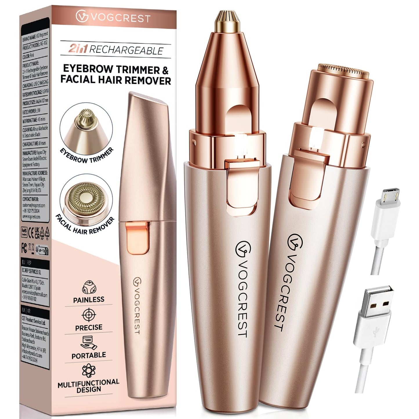 Eyebrow Facial Trimmer: 2 in1 Rechargeable Facial Hair Removal and Eyebrow Shaver - Face Lips Body Painless Facial Razor with Built-in LED Light (Rose Gold)