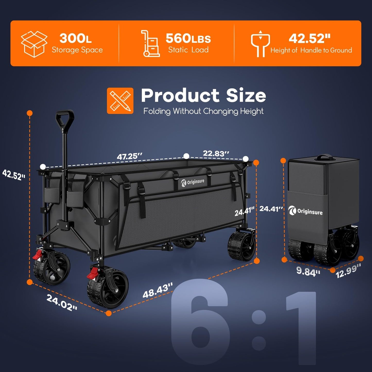48" L Collapsible Wagon Cart Foldable, 560LB Weight Capacity 300L Heavy Duty Folding Beach Wagons with Big All-Terrain Wheels, Utility Carts for Groceries, Shopping, Camping, Sports - Black