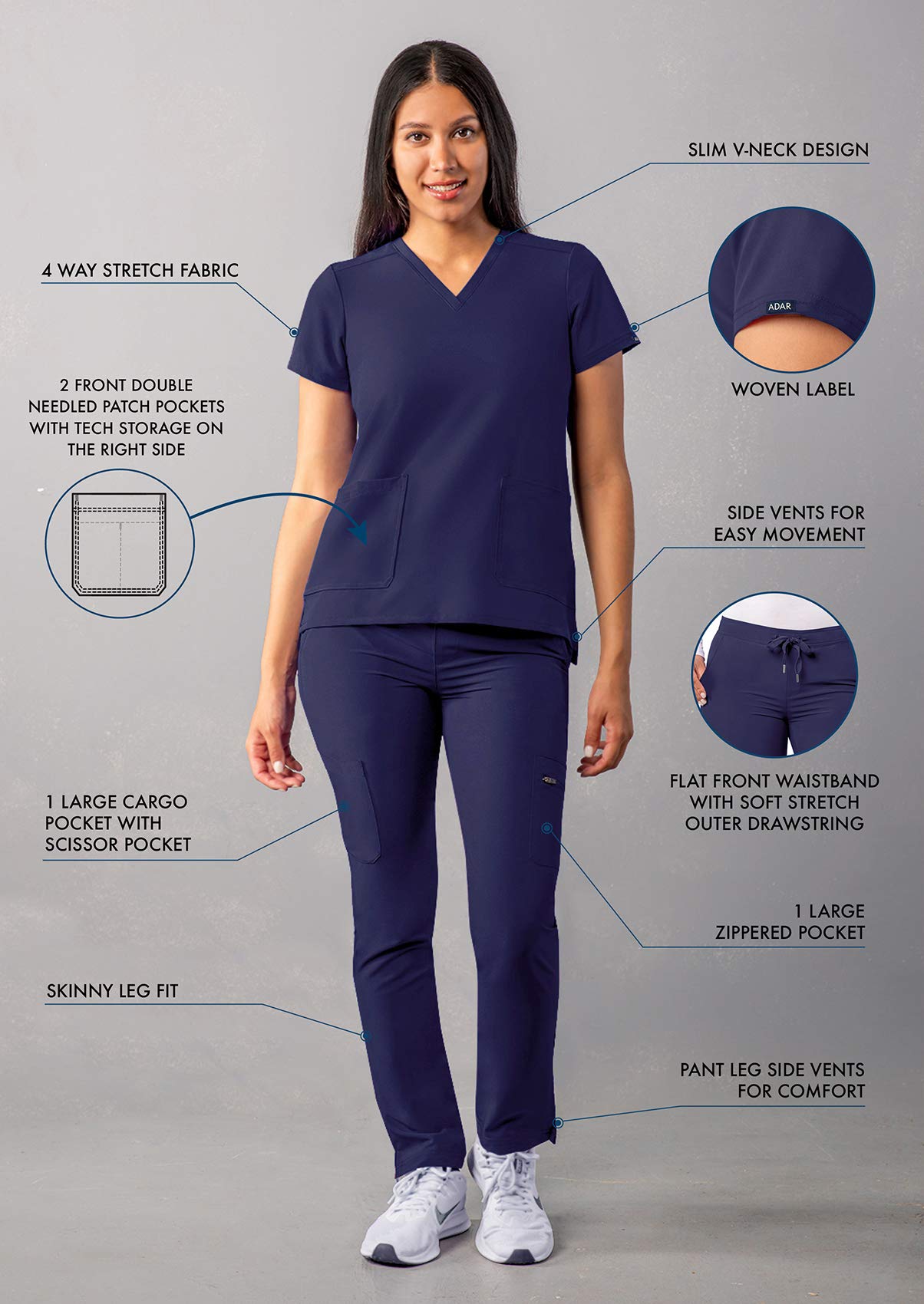 Ensemble de gommage Adar Addition Go-Basic pour femme - Haut de gommage slim à col en V et pantalon de gommage cargo skinny