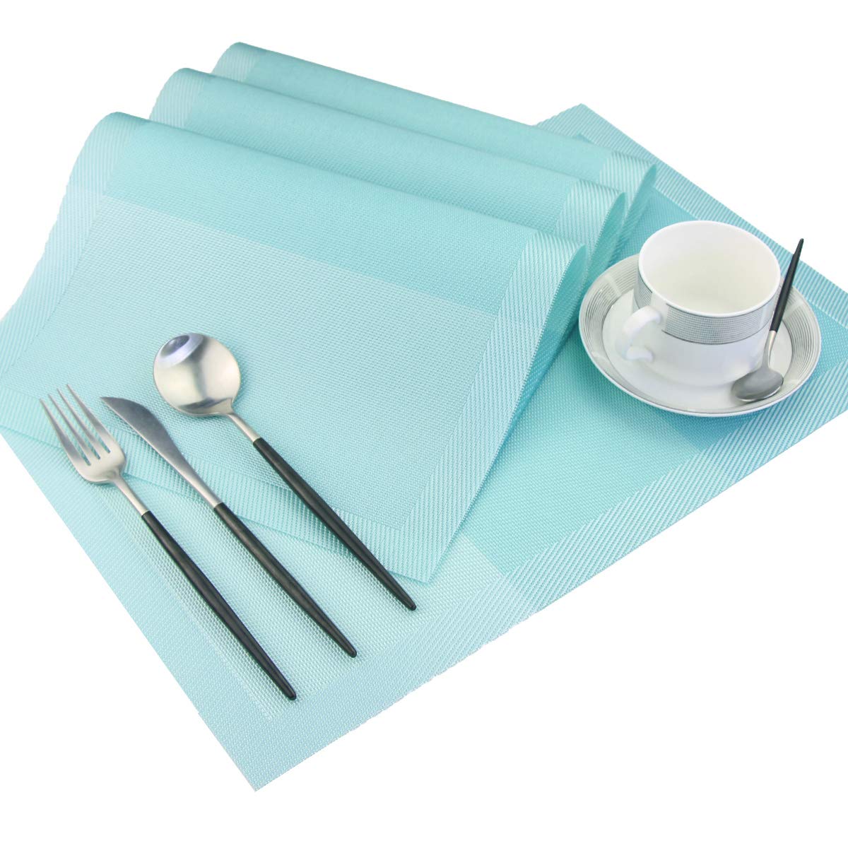 PIGCHCY Keilförmige Tischsets für den Esstisch, kreuzgewebt, waschbares Vinyl-Tischset, hitzebeständig, runde Tischsets, 4er-Set (Silbergrau)