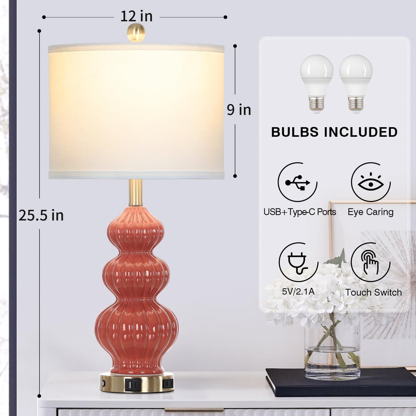 27-Zoll-Tischlampen aus Glas, 2er-Set mit Nachtlicht, moderne Nachttischlampen mit 3-Wege-Touch-Steuerung, USB-A+C-Anschlüssen und AC-Steckdose, gelbe Nachttischlampen im Boho-Stil für das Wohnzimmer im Schlafzimmer