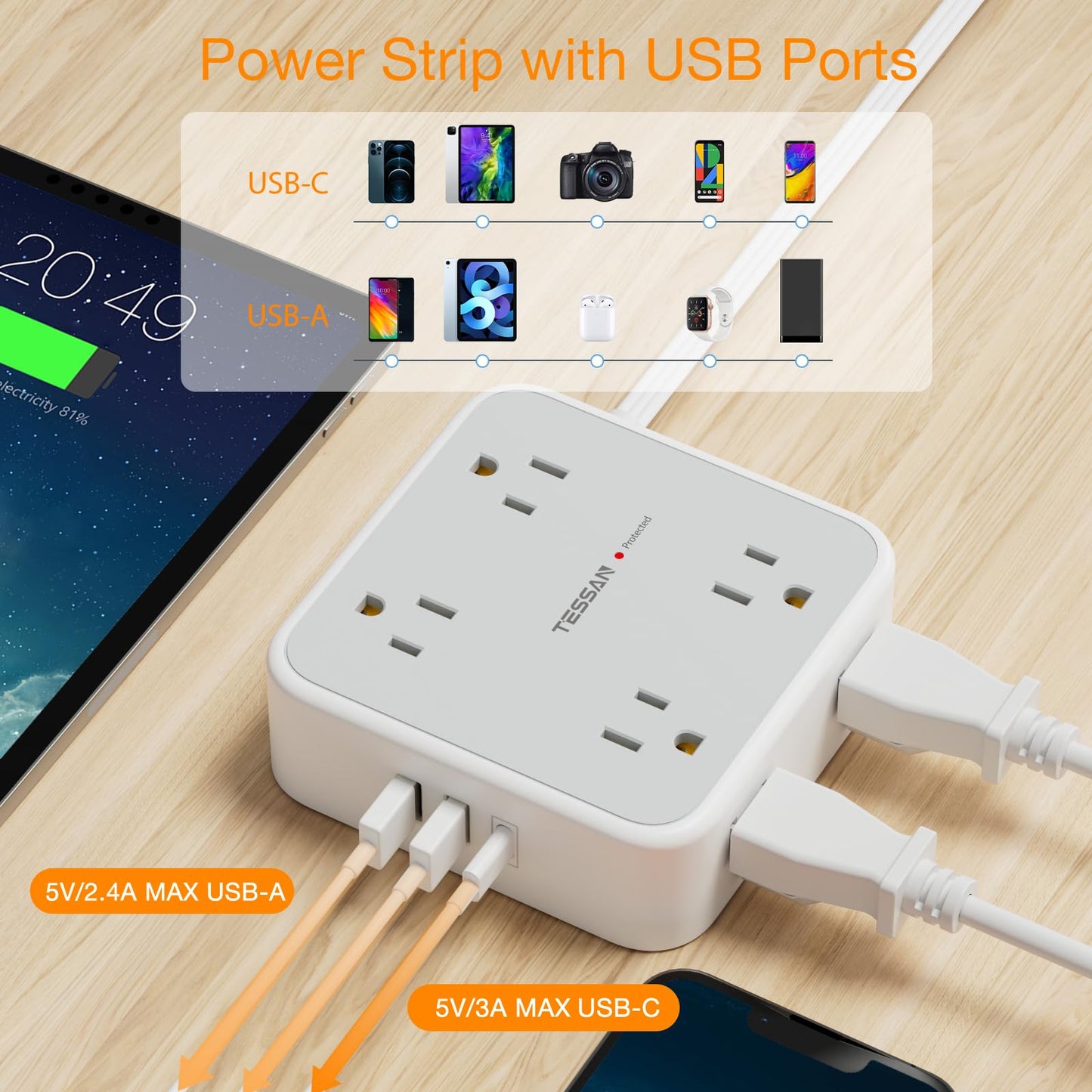 Surge Protector Flat Extension Cord Flat Plug Power Strip, 8 AC Outlets, 3 USB Charger(1 USB C Port) 3-Sided Outlet Extender, 5 Ft, 900 Joules Protection