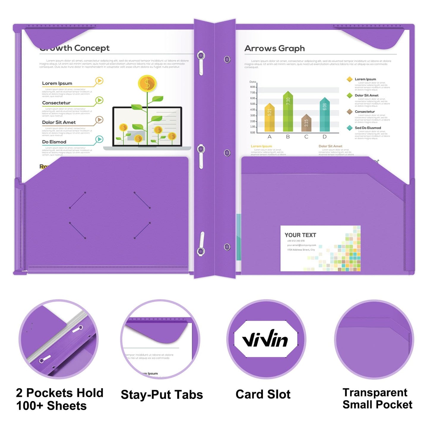 Chemises en plastique épais ViVin avec pochettes et broches, deux poches, poche avant transparente et onglets de maintien, lot de 6, pour papier au format lettre US, pour l'école et le bureau - Blanc