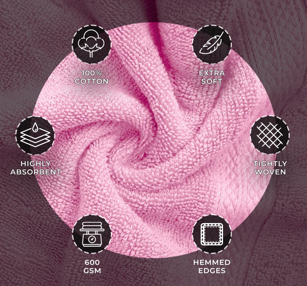Avalon Towels Luxury 8 Piece Towels Set, 2 Bath Towels, 2 Hand Towels and 4 Washcloths, 600 GSM 100% Ring Spun Cotton Highly Absorbent Bathroom Towel Set, Ideal for Hotel, Spa and Gym (Pink)
